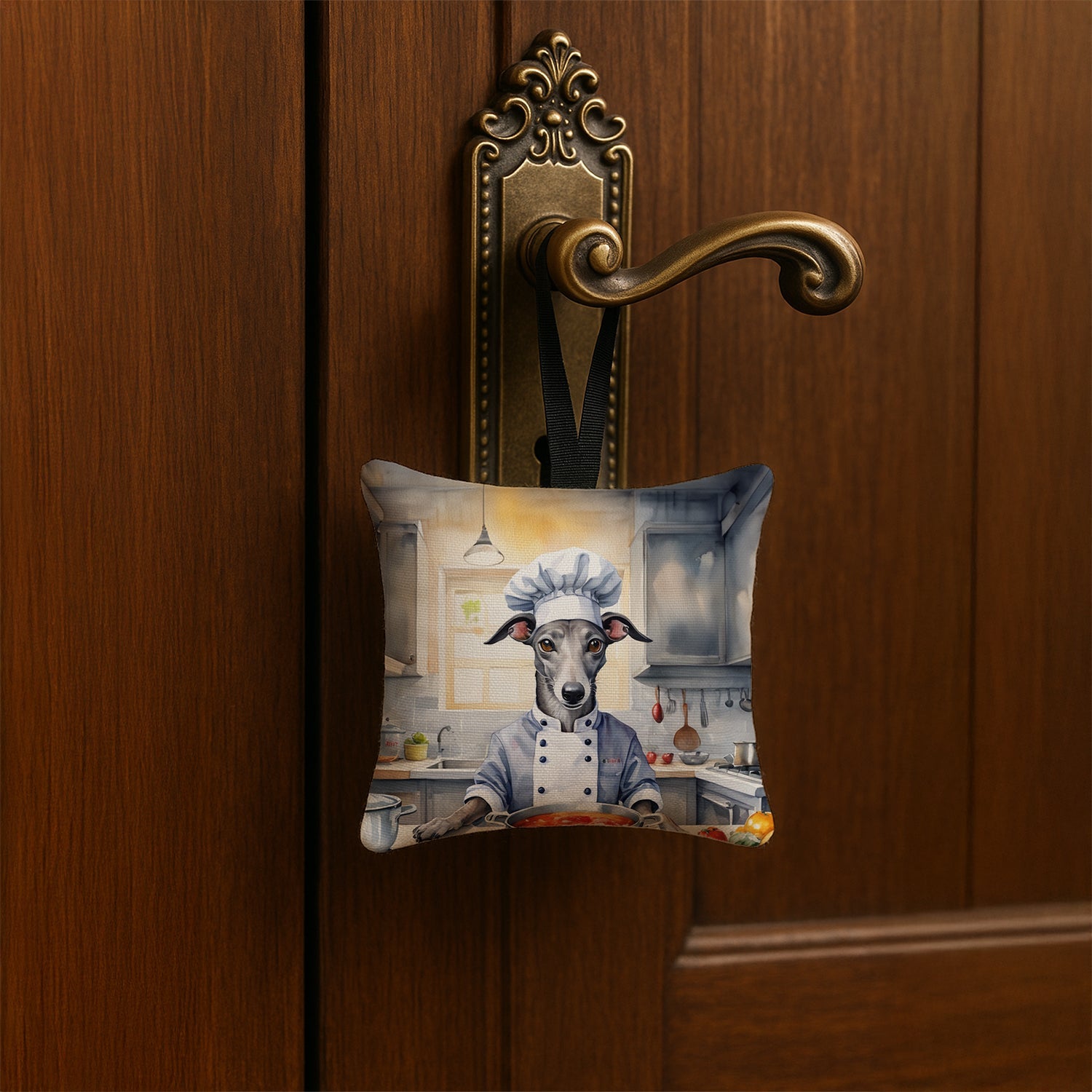 Greyhound The Chef Hanging Square Fabric Ornament 3.5 × 3.5 Decorative Door-Knob & Tree Hanger, Soft Fabric