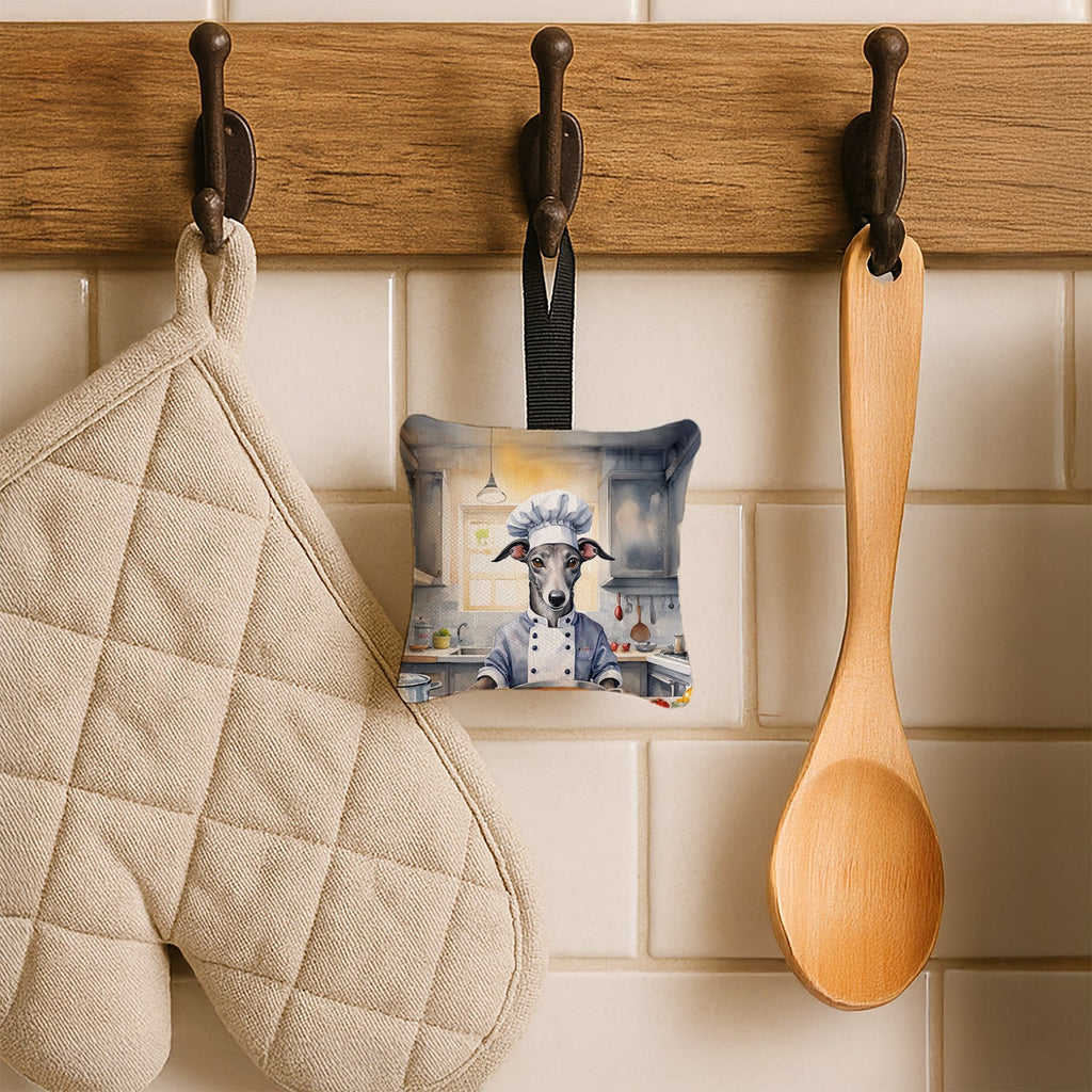 Greyhound The Chef Hanging Square Fabric Ornament 3.5 × 3.5 Decorative Door-Knob & Tree Hanger, Soft Fabric