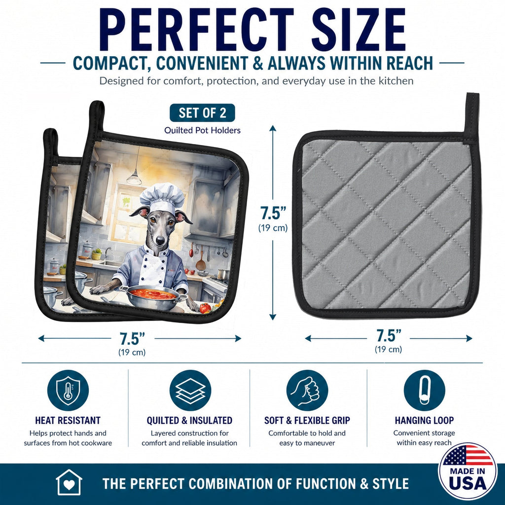 Greyhound The Chef Pot Holder Set of 2 Heat Resistant Quilted Hot Pads 7.5 x 7.5 Inch, Insulated Kitchen Trivets for Cooking & Baking