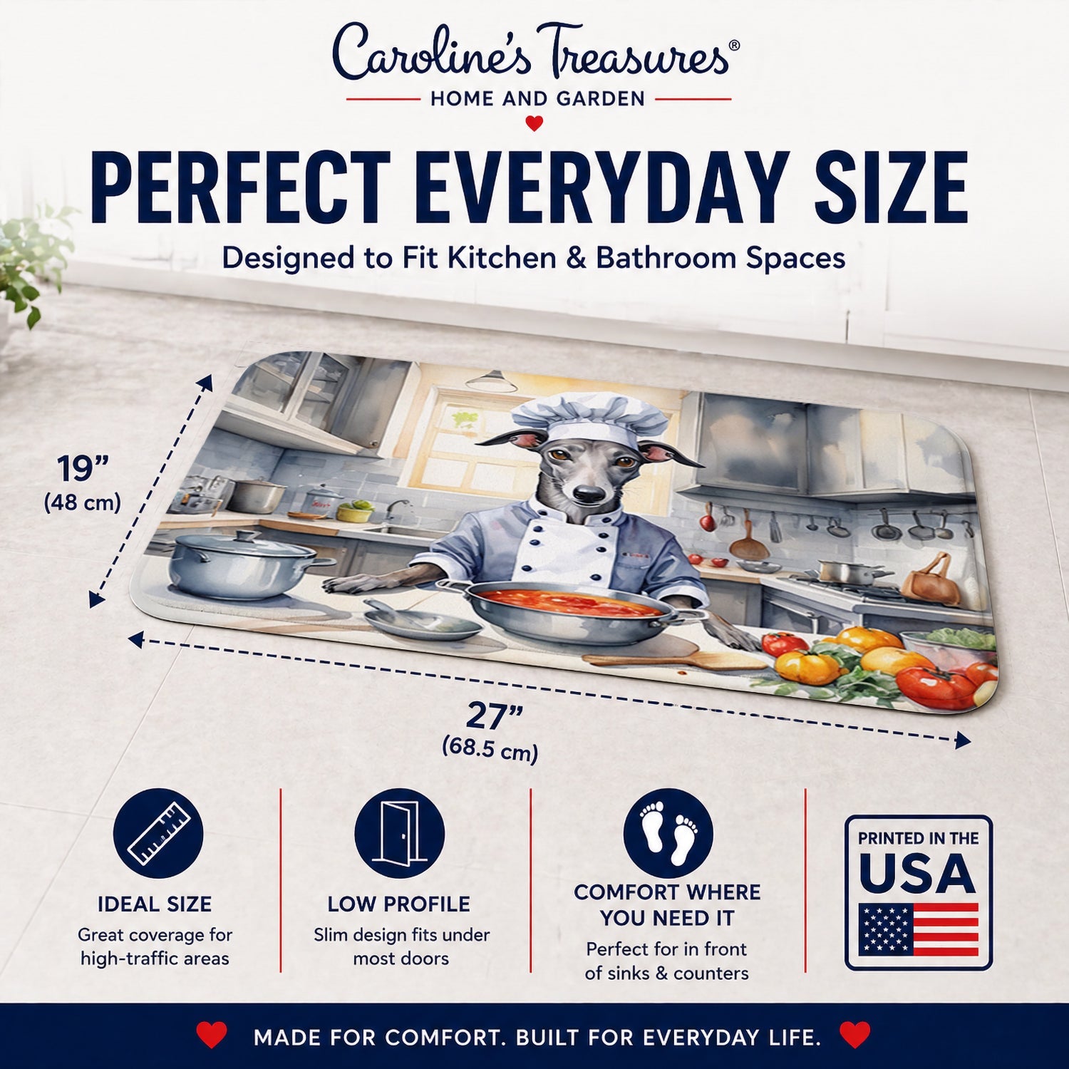 Greyhound The Chef Memory Foam Kitchen Mat Machine Washable Anti-Fatigue Cushion Comfort Bath or Kitchen Rug