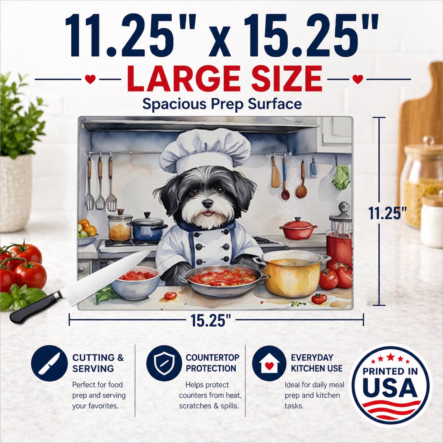 Havanese The Chef Cutting Board Tempered Glass Kitchen Cutting Surface, Heat Resistant Chopping, Non-Slip Feet, Food Prep & Serving
