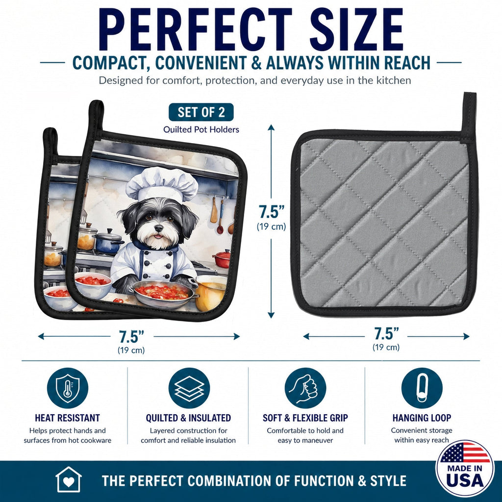 Havanese The Chef Pot Holder Set of 2 Heat Resistant Quilted Hot Pads 7.5 x 7.5 Inch, Insulated Kitchen Trivets for Cooking & Baking