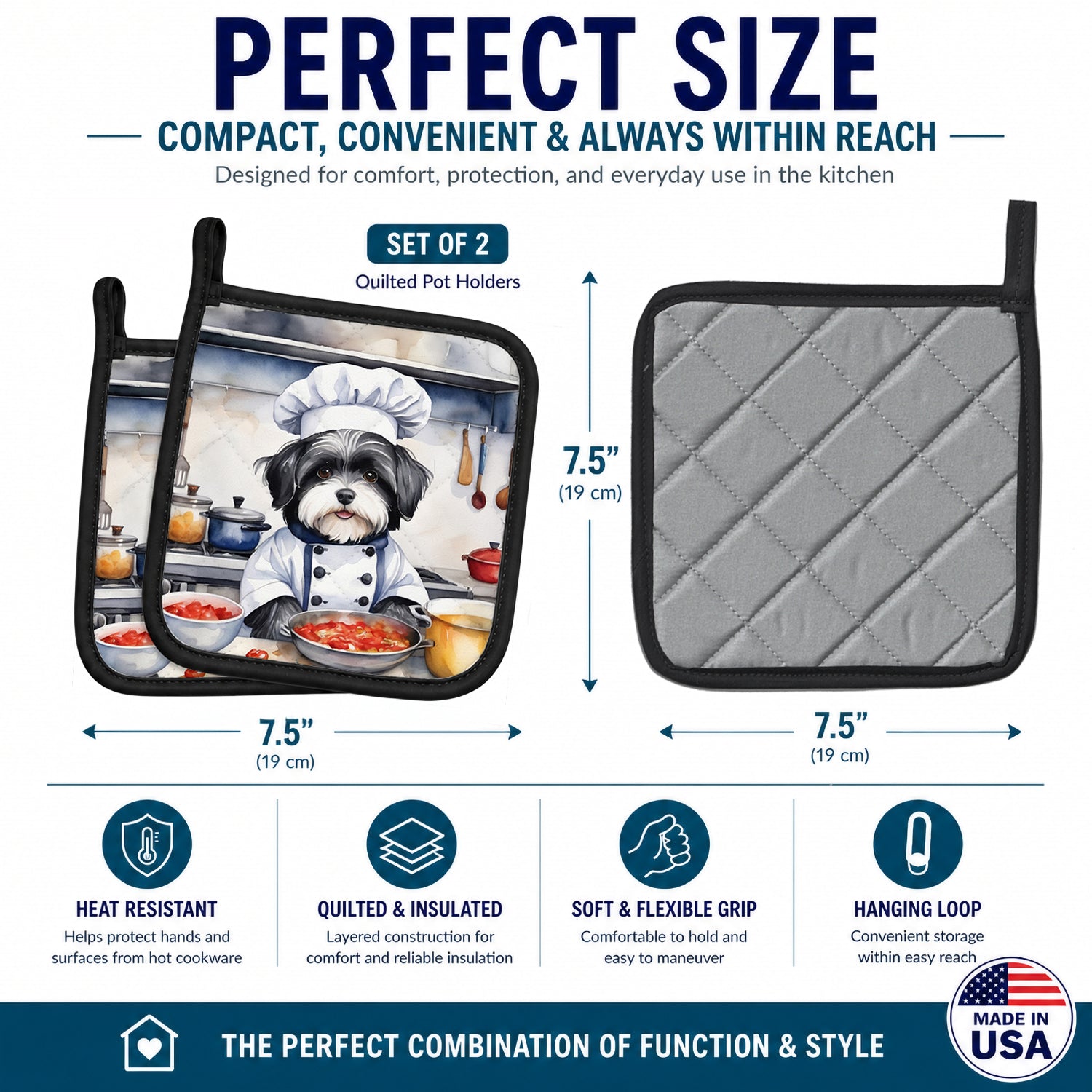 Havanese The Chef Pot Holder Set of 2 Heat Resistant Quilted Hot Pads 7.5 x 7.5 Inch, Insulated Kitchen Trivets for Cooking & Baking