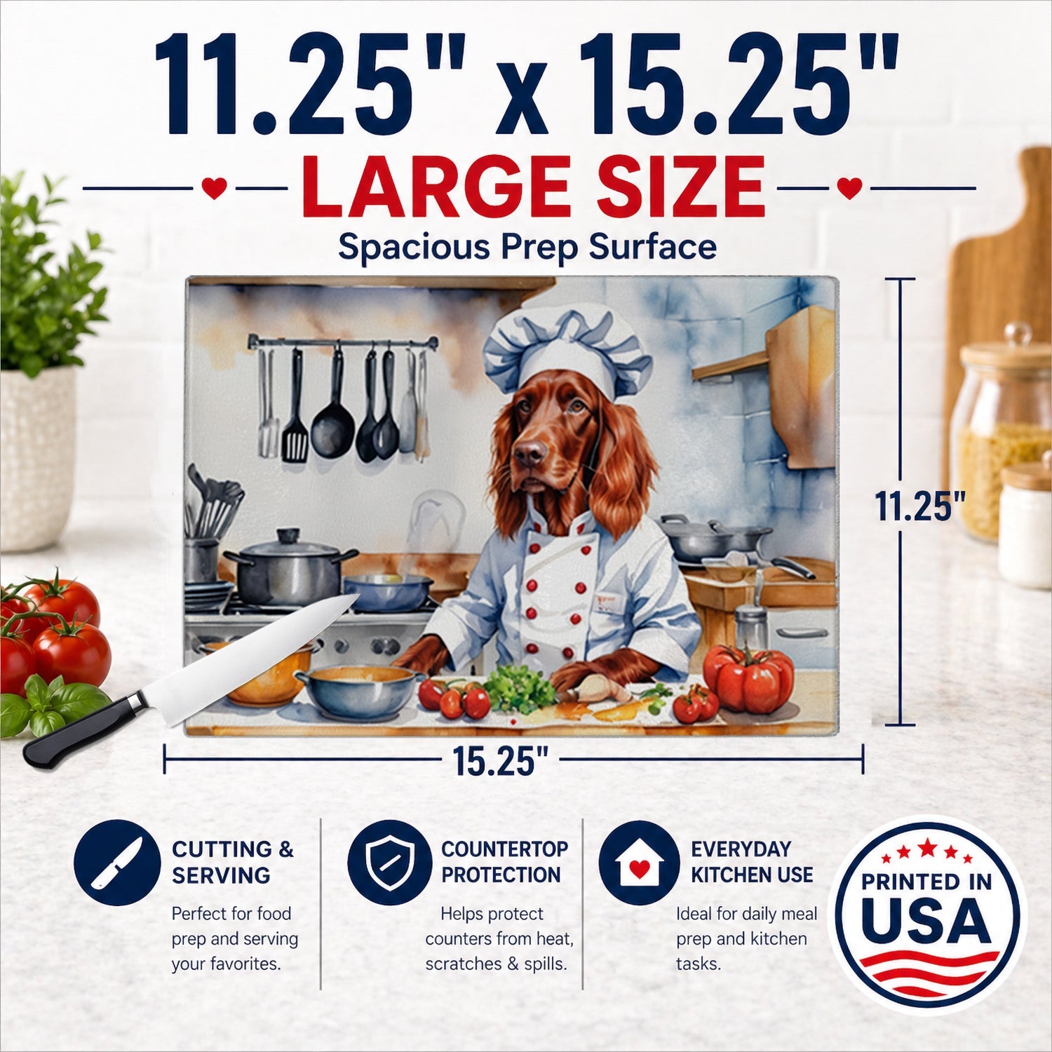 Irish Setter The Chef Cutting Board Tempered Glass Kitchen Cutting Surface, Heat Resistant Chopping, Non-Slip Feet, Food Prep & Serving