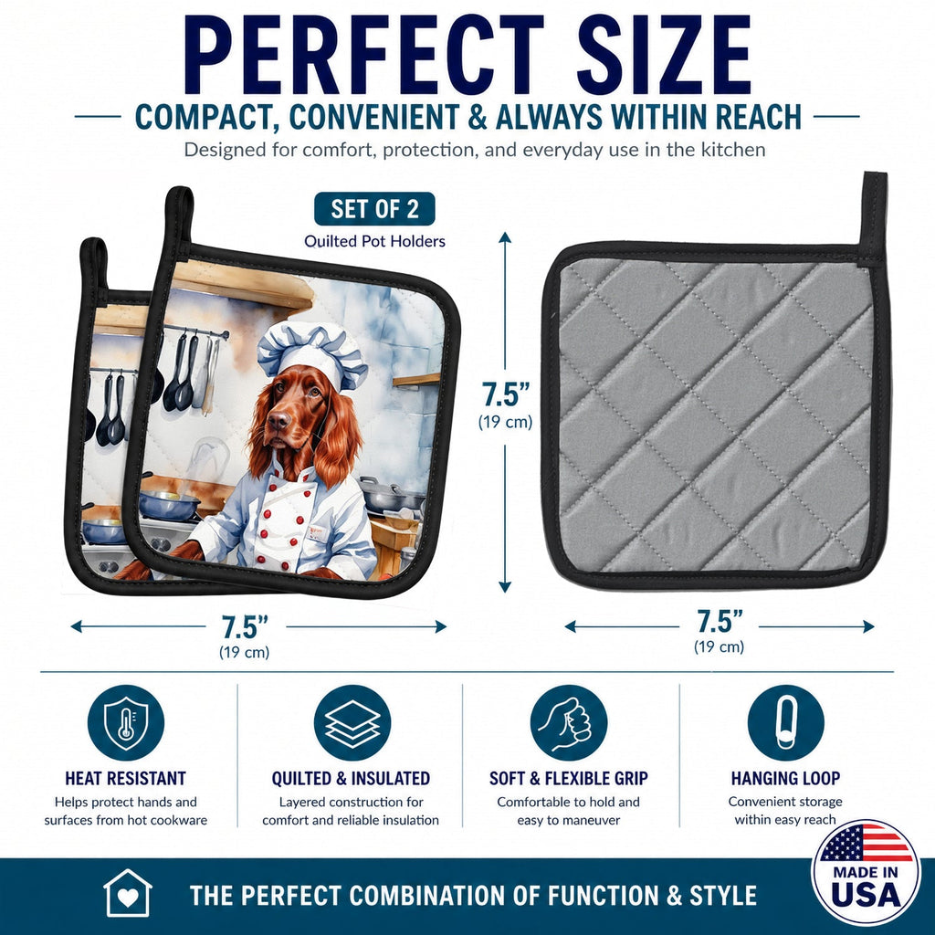 Irish Setter The Chef Pot Holder Set of 2 Heat Resistant Quilted Hot Pads 7.5 x 7.5 Inch, Insulated Kitchen Trivets for Cooking & Baking