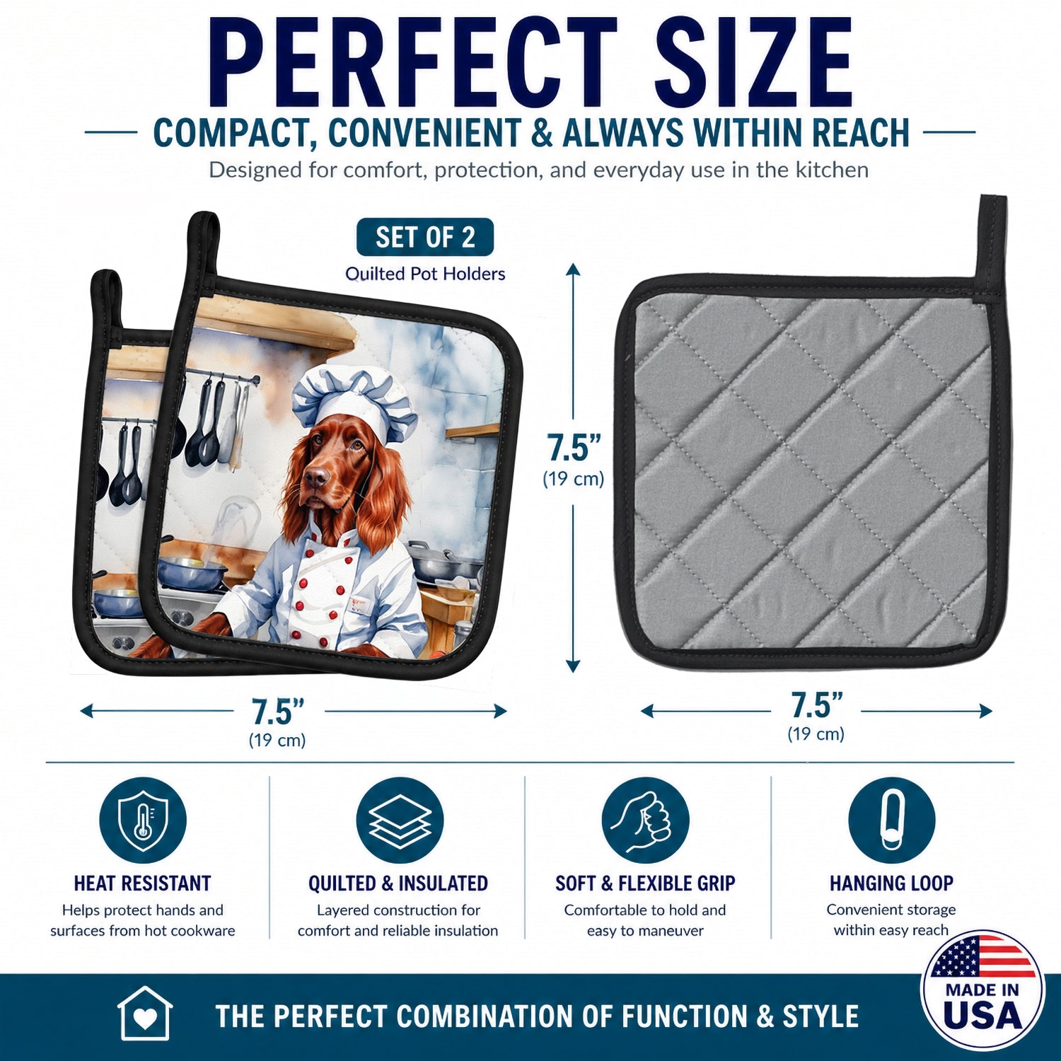 Irish Setter The Chef Pot Holder Set of 2 Heat Resistant Quilted Hot Pads 7.5 x 7.5 Inch, Insulated Kitchen Trivets for Cooking & Baking