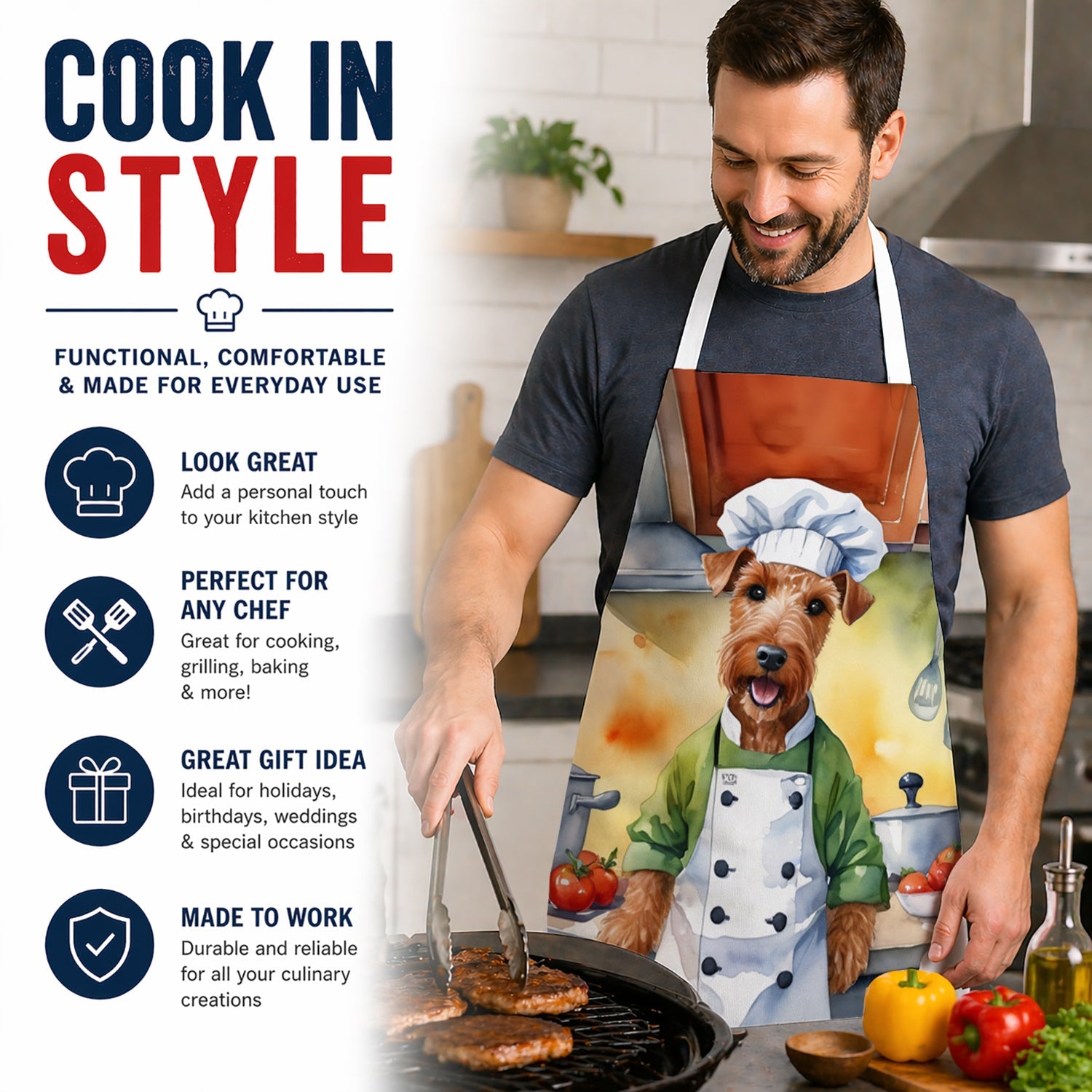 Irish Terrier The Chef Apron Cooking Kitchen Server Baking Crafts Gardening for Adult Women Men, Unisex, Large, Multicolor
