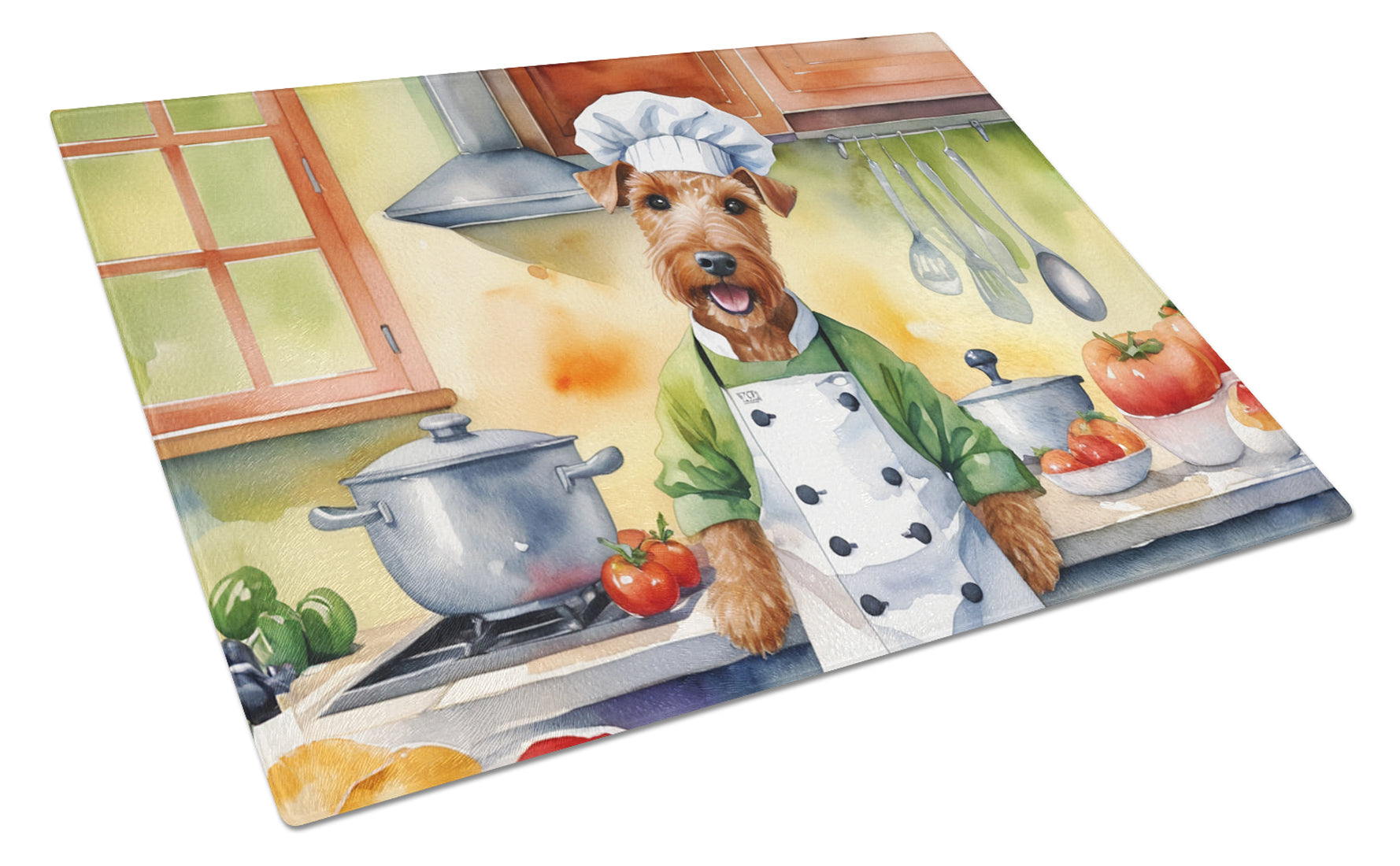Irish Terrier The Chef Cutting Board Tempered Glass Kitchen Cutting Surface, Heat Resistant Chopping, Non-Slip Feet, Food Prep & Serving