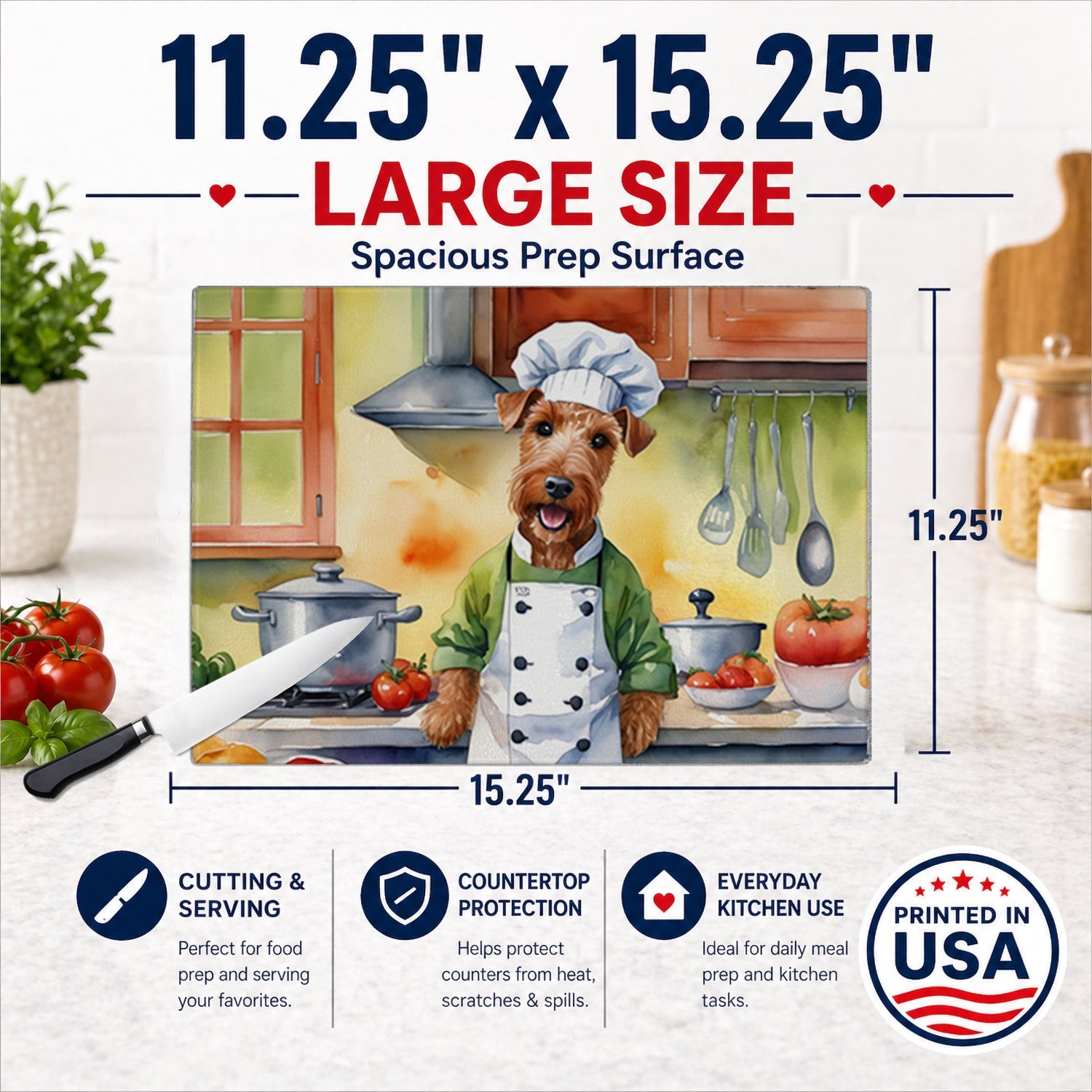 Irish Terrier The Chef Cutting Board Tempered Glass Kitchen Cutting Surface, Heat Resistant Chopping, Non-Slip Feet, Food Prep & Serving