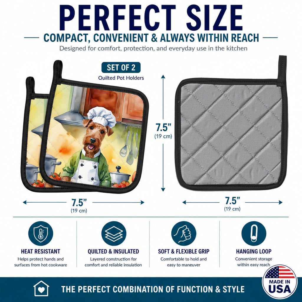 Irish Terrier The Chef Pot Holder Set of 2 Heat Resistant Quilted Hot Pads 7.5 x 7.5 Inch, Insulated Kitchen Trivets for Cooking & Baking