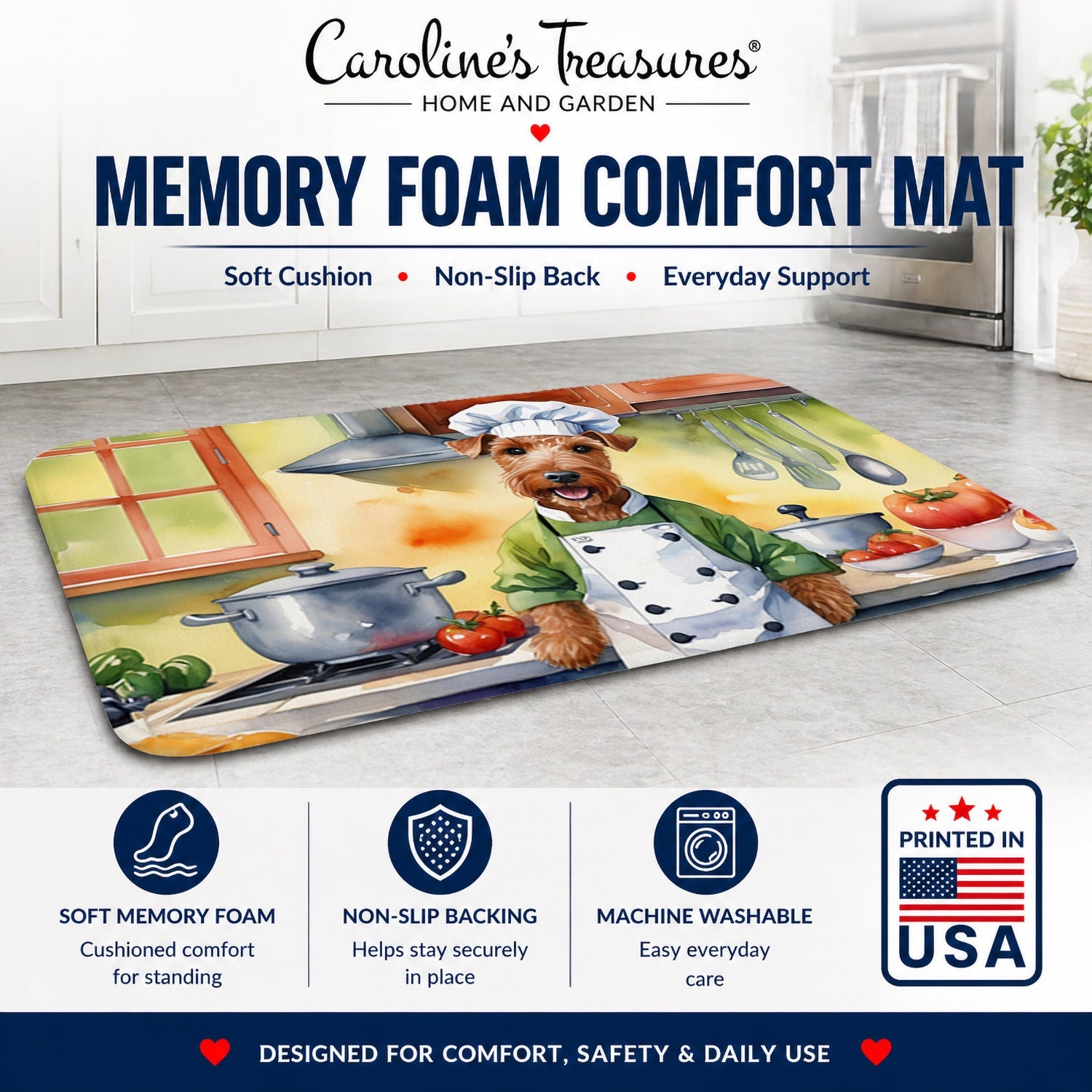 Irish Terrier The Chef Memory Foam Kitchen Mat Machine Washable Anti-Fatigue Cushion Comfort Bath or Kitchen Rug