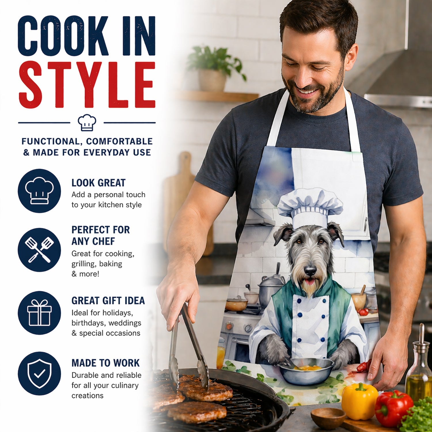 Irish Wolfhound The Chef Apron Cooking Kitchen Server Baking Crafts Gardening for Adult Women Men, Unisex, Large, Multicolor