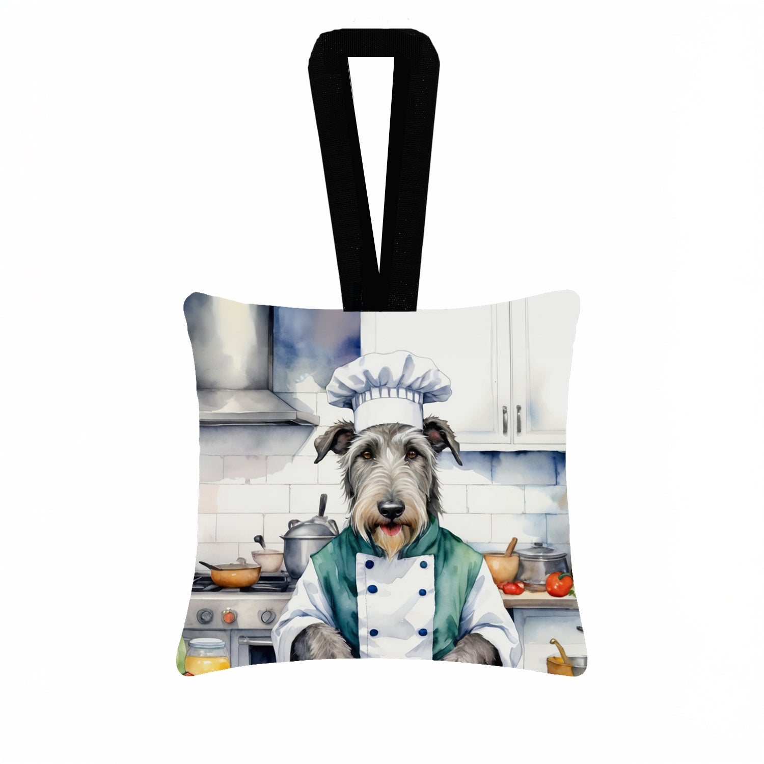 Irish Wolfhound The Chef Hanging Square Fabric Ornament 3.5 × 3.5 Decorative Door-Knob & Tree Hanger, Soft Fabric