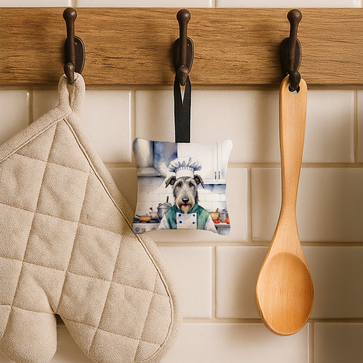 Irish Wolfhound The Chef Hanging Square Fabric Ornament 3.5 × 3.5 Decorative Door-Knob & Tree Hanger, Soft Fabric