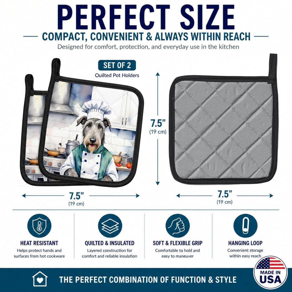 Irish Wolfhound The Chef Pot Holder Set of 2 Heat Resistant Quilted Hot Pads 7.5 x 7.5 Inch, Insulated Kitchen Trivets for Cooking & Baking