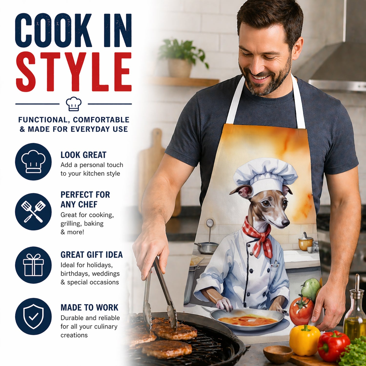Italian Greyhound The Chef Apron Cooking Kitchen Server Baking Crafts Gardening for Adult Women Men, Unisex, Large, Multicolor