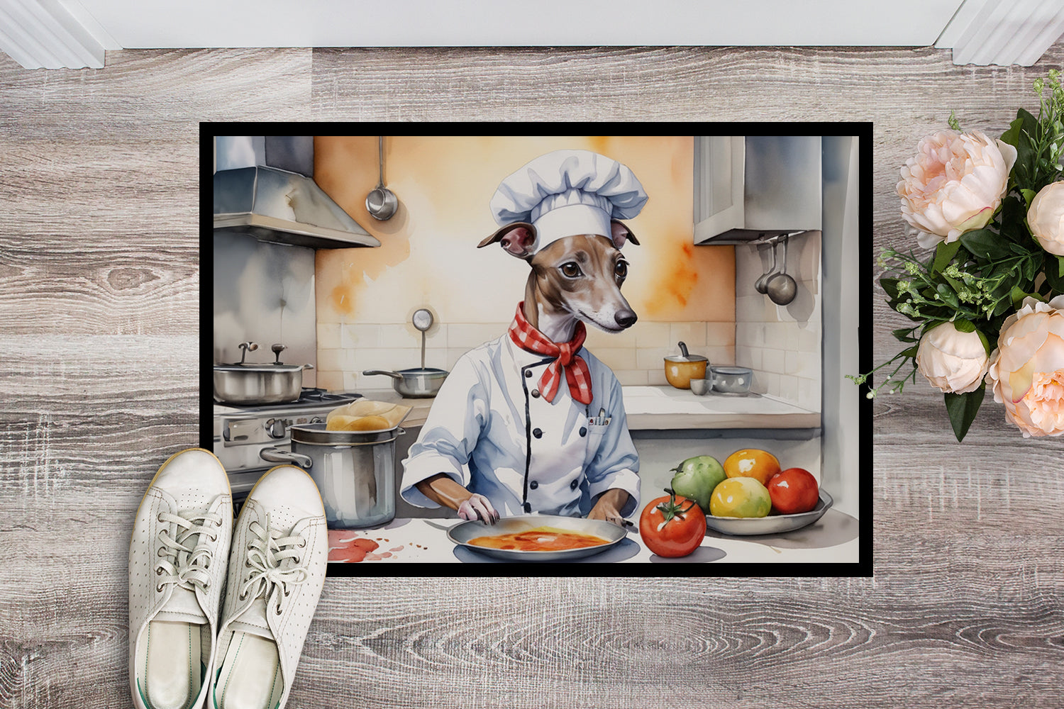 Italian Greyhound The Chef Doormat Indoor Outdoor 24H X 36W Front Door Mat Rugs for Entryway, Non Slip Washable Low Pile,