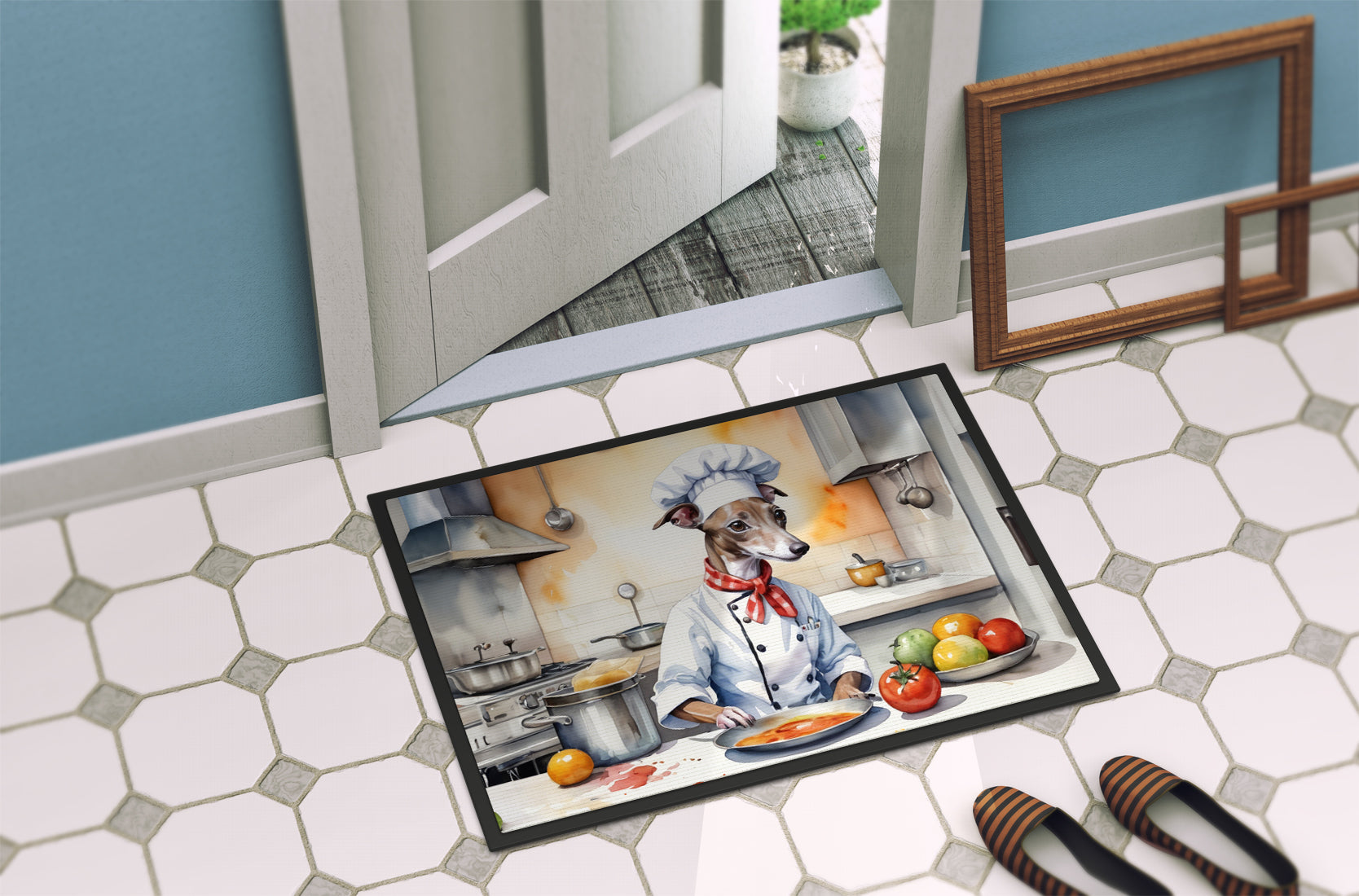 Italian Greyhound The Chef Doormat Indoor Outdoor 18H X 27W Front Door Mat Rugs for Entryway, Non Slip Washable