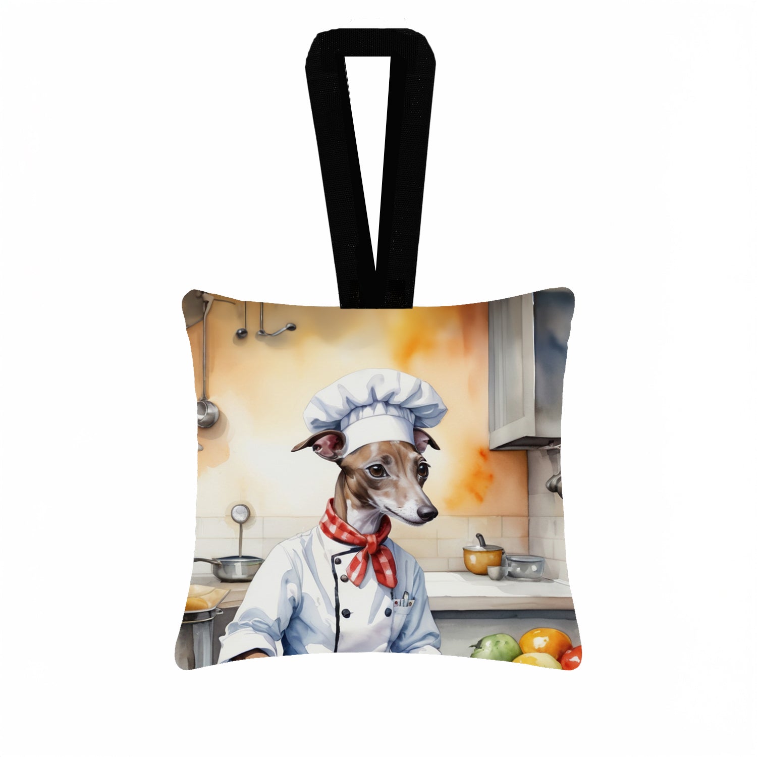 Italian Greyhound The Chef Hanging Square Fabric Ornament 3.5 × 3.5 Decorative Door-Knob & Tree Hanger, Soft Fabric