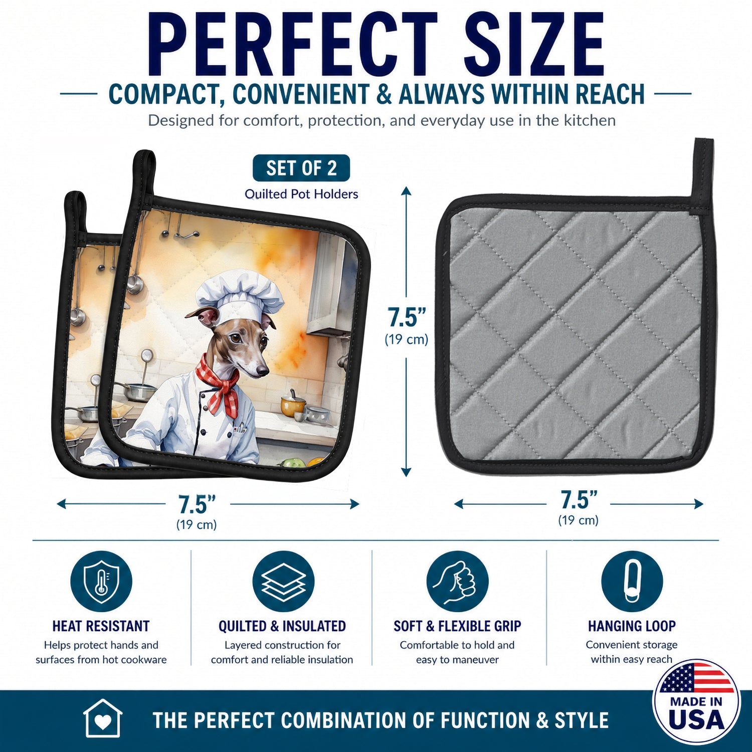 Italian Greyhound The Chef Pot Holder Set of 2 Heat Resistant Quilted Hot Pads 7.5 x 7.5 Inch, Insulated Kitchen Trivets for Cooking & Baking
