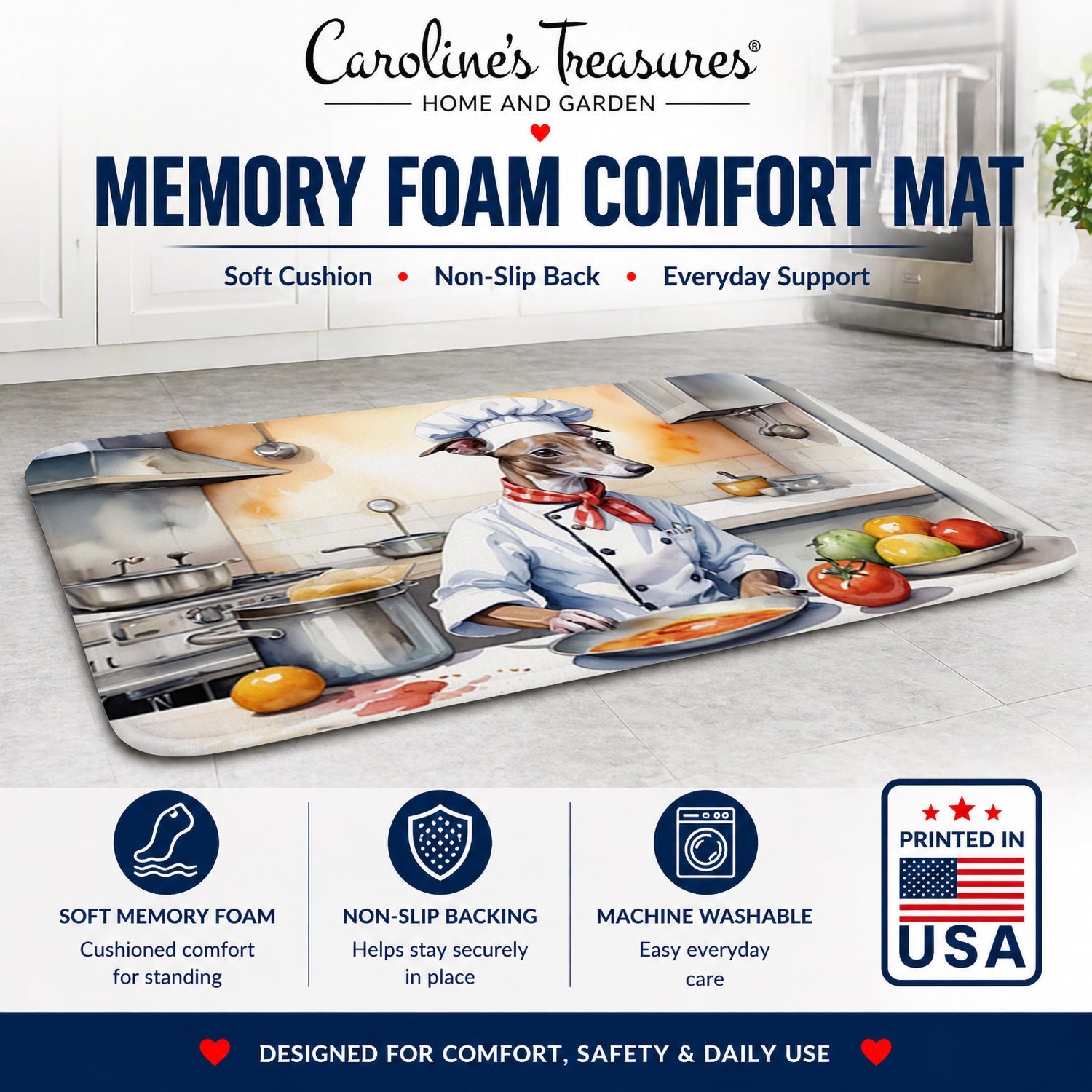 Italian Greyhound The Chef Memory Foam Kitchen Mat Machine Washable Anti-Fatigue Cushion Comfort Bath or Kitchen Rug