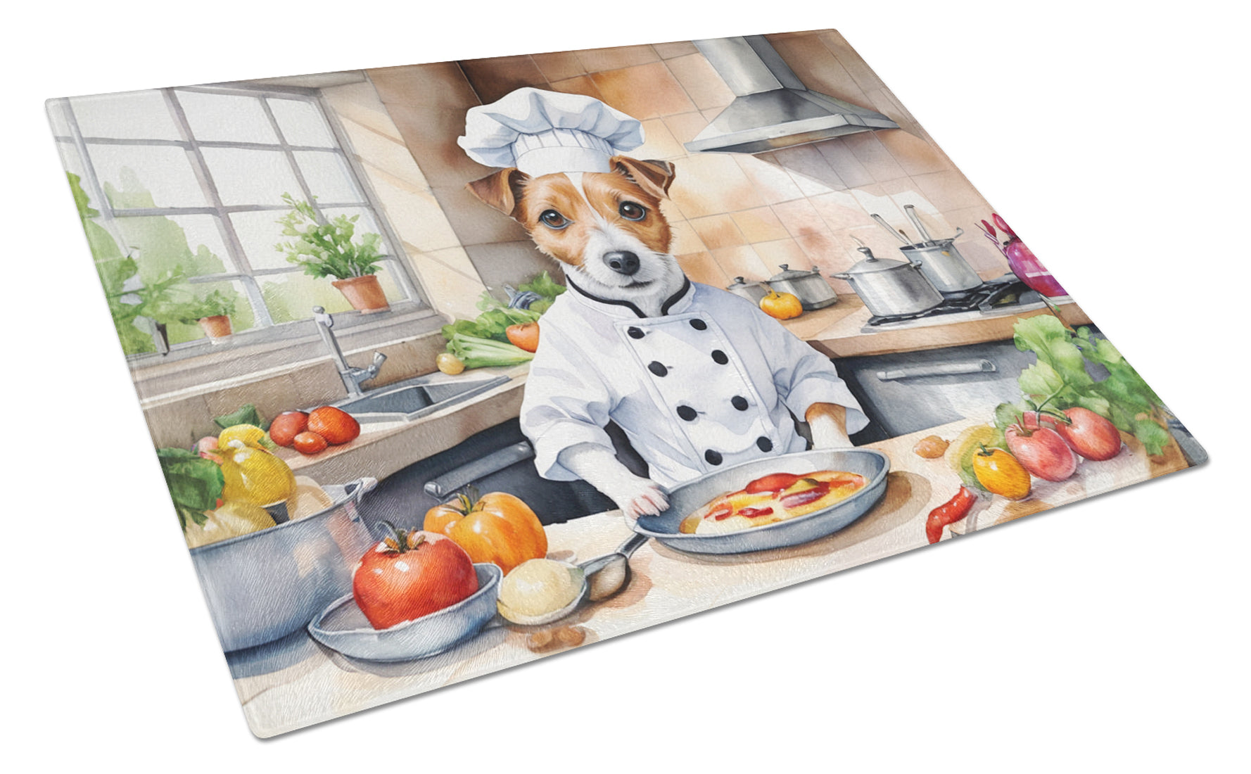 Jack Russell Terrier The Chef Cutting Board Tempered Glass Kitchen Cutting Surface, Heat Resistant Chopping, Non-Slip Feet, Food Prep & Serving
