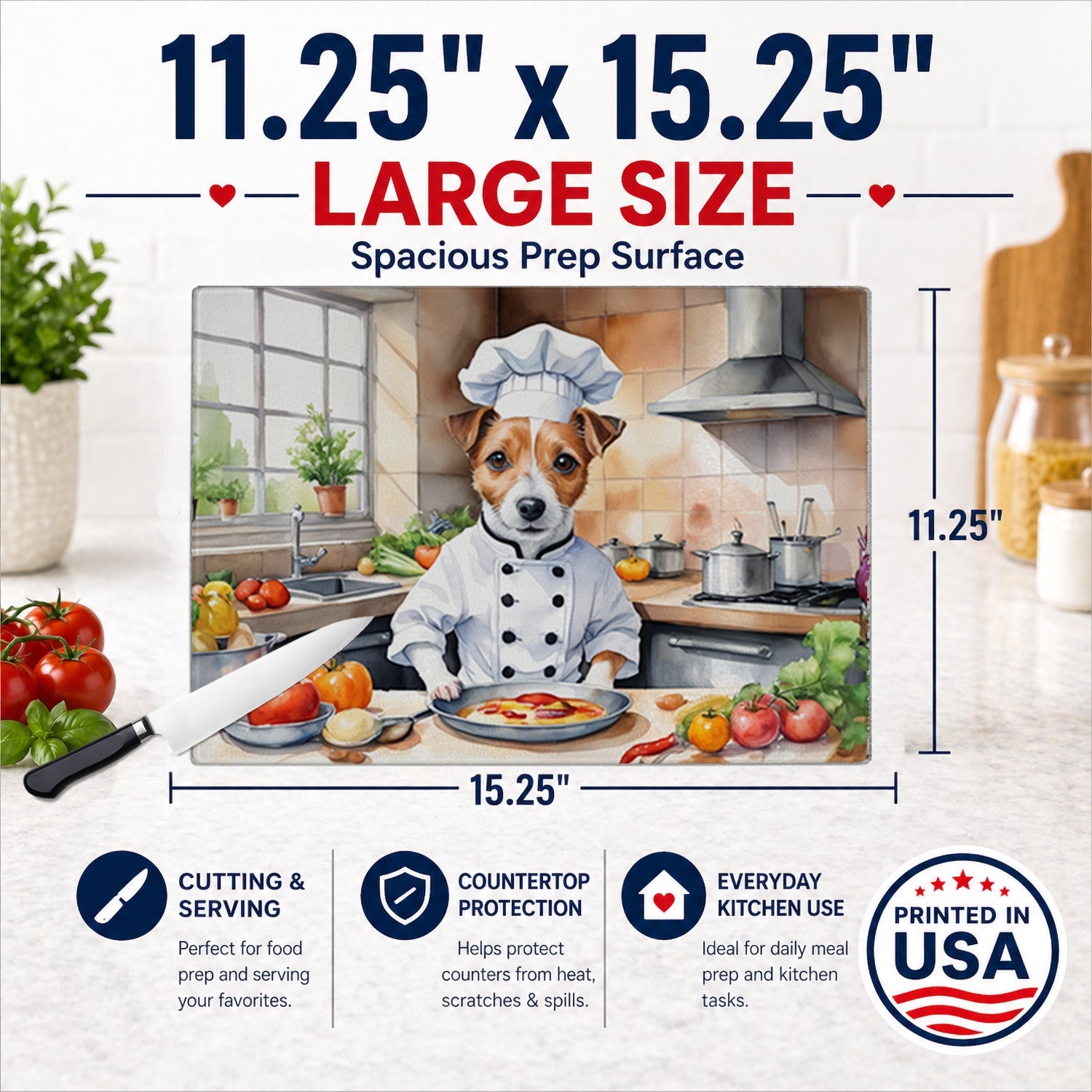 Jack Russell Terrier The Chef Cutting Board Tempered Glass Kitchen Cutting Surface, Heat Resistant Chopping, Non-Slip Feet, Food Prep & Serving