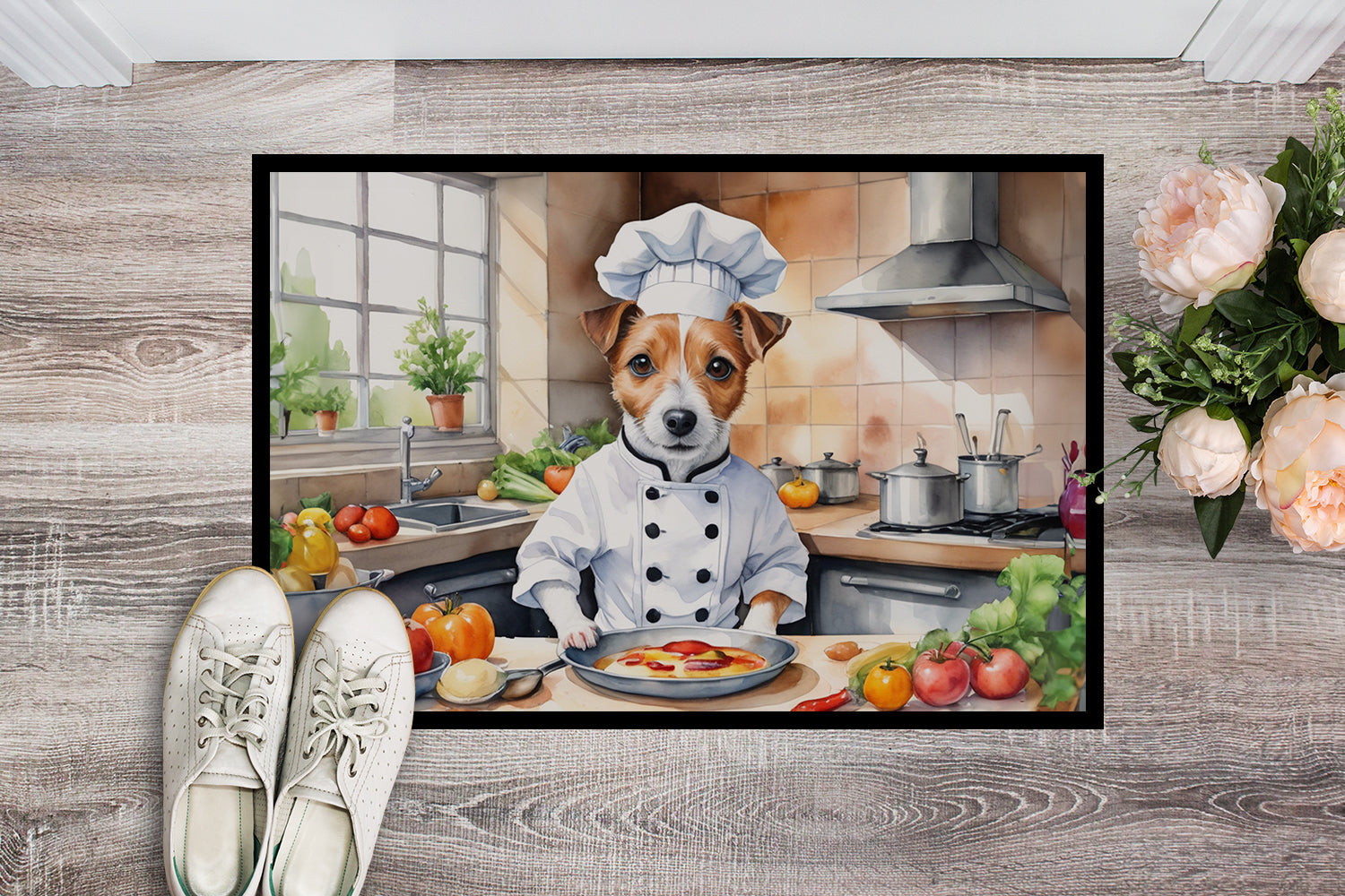 Jack Russell Terrier The Chef Doormat Indoor Outdoor 18H X 27W Front Door Mat Rugs for Entryway, Non Slip Washable
