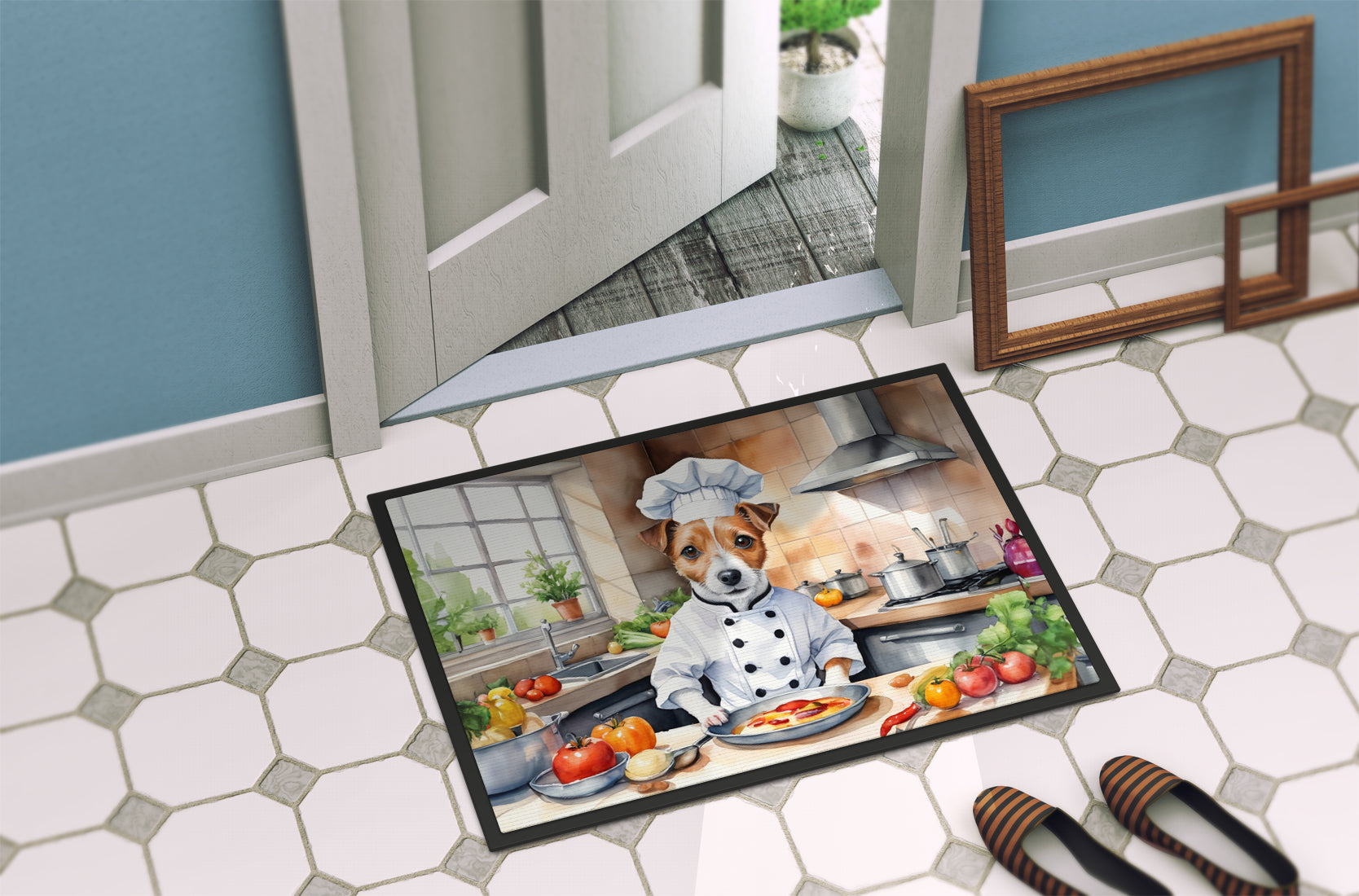 Jack Russell Terrier The Chef Doormat Indoor Outdoor 18H X 27W Front Door Mat Rugs for Entryway, Non Slip Washable