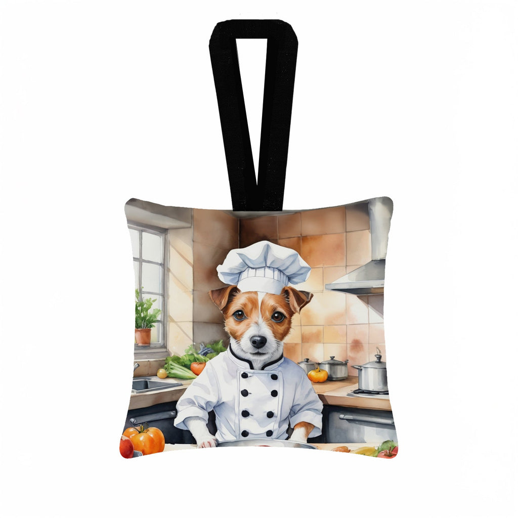 Jack Russell Terrier The Chef Hanging Square Fabric Ornament 3.5 × 3.5 Decorative Door-Knob & Tree Hanger, Soft Fabric