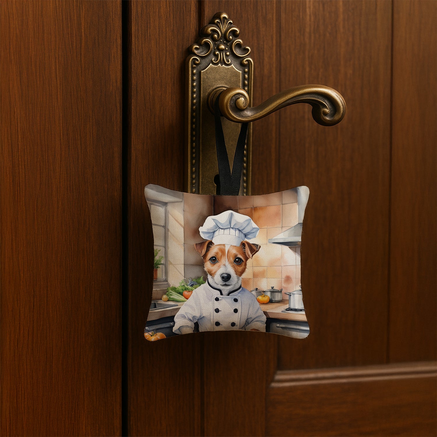 Jack Russell Terrier The Chef Hanging Square Fabric Ornament 3.5 × 3.5 Decorative Door-Knob & Tree Hanger, Soft Fabric