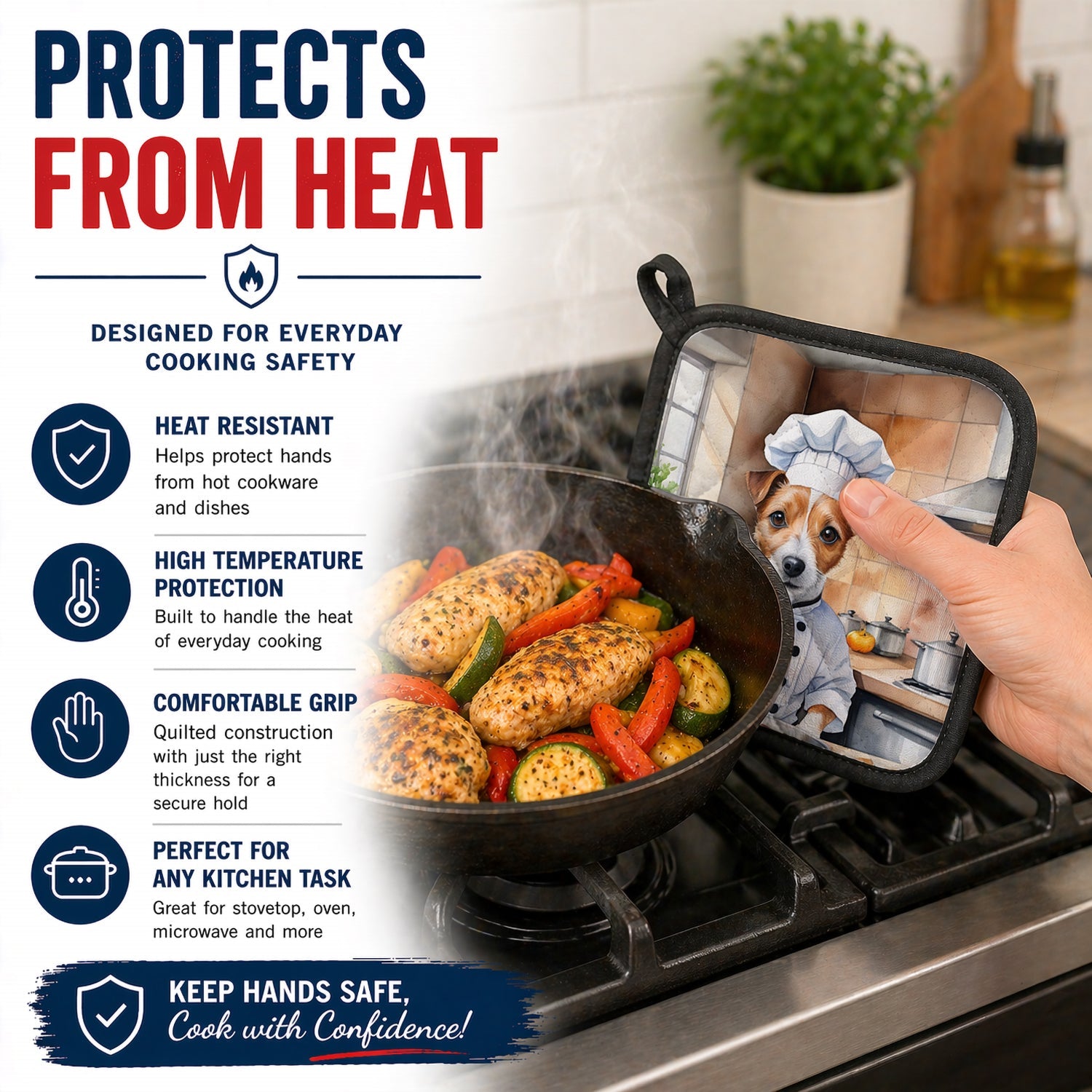 Jack Russell Terrier The Chef Pot Holder Set of 2 Heat Resistant Quilted Hot Pads 7.5 x 7.5 Inch, Insulated Kitchen Trivets for Cooking & Baking