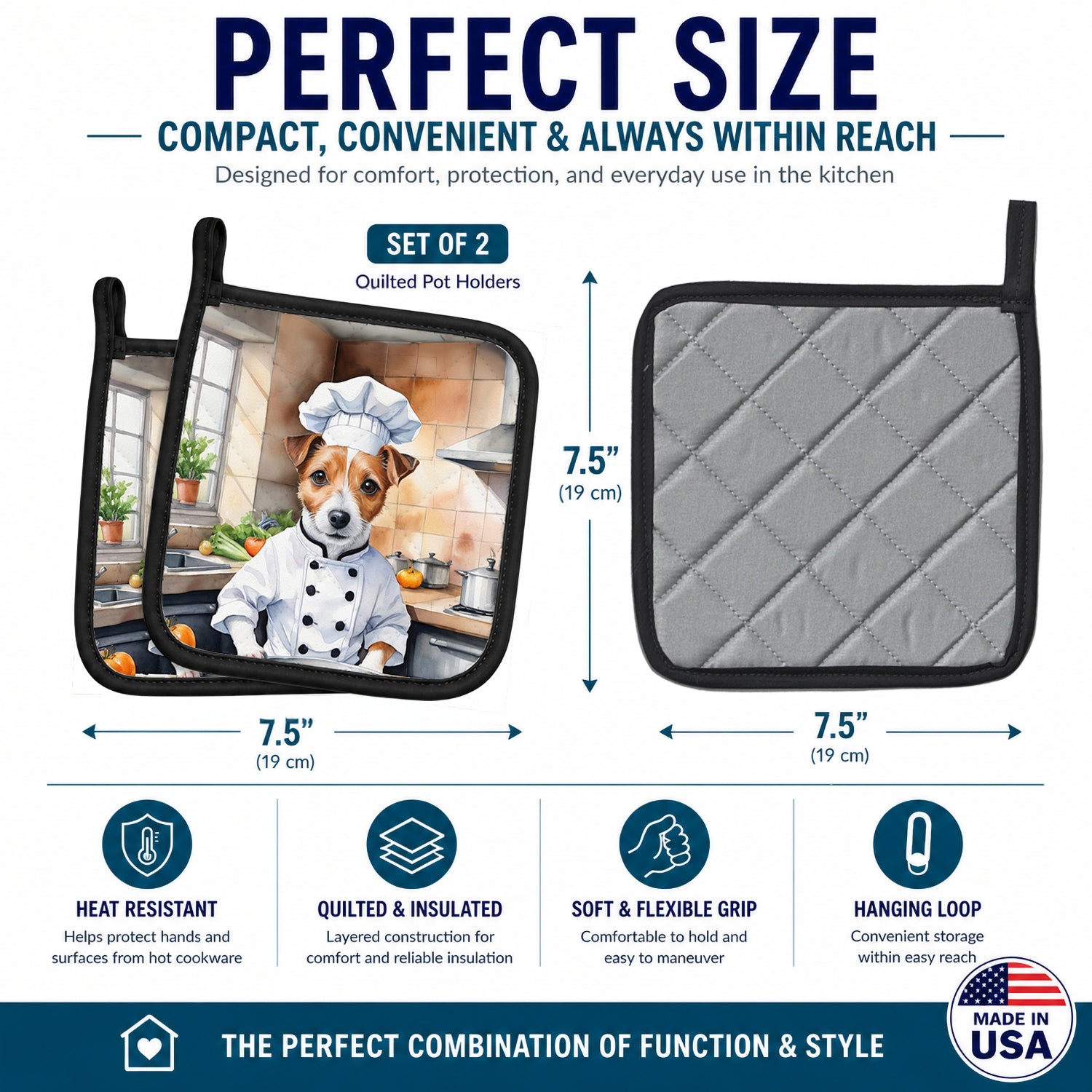 Jack Russell Terrier The Chef Pot Holder Set of 2 Heat Resistant Quilted Hot Pads 7.5 x 7.5 Inch, Insulated Kitchen Trivets for Cooking & Baking