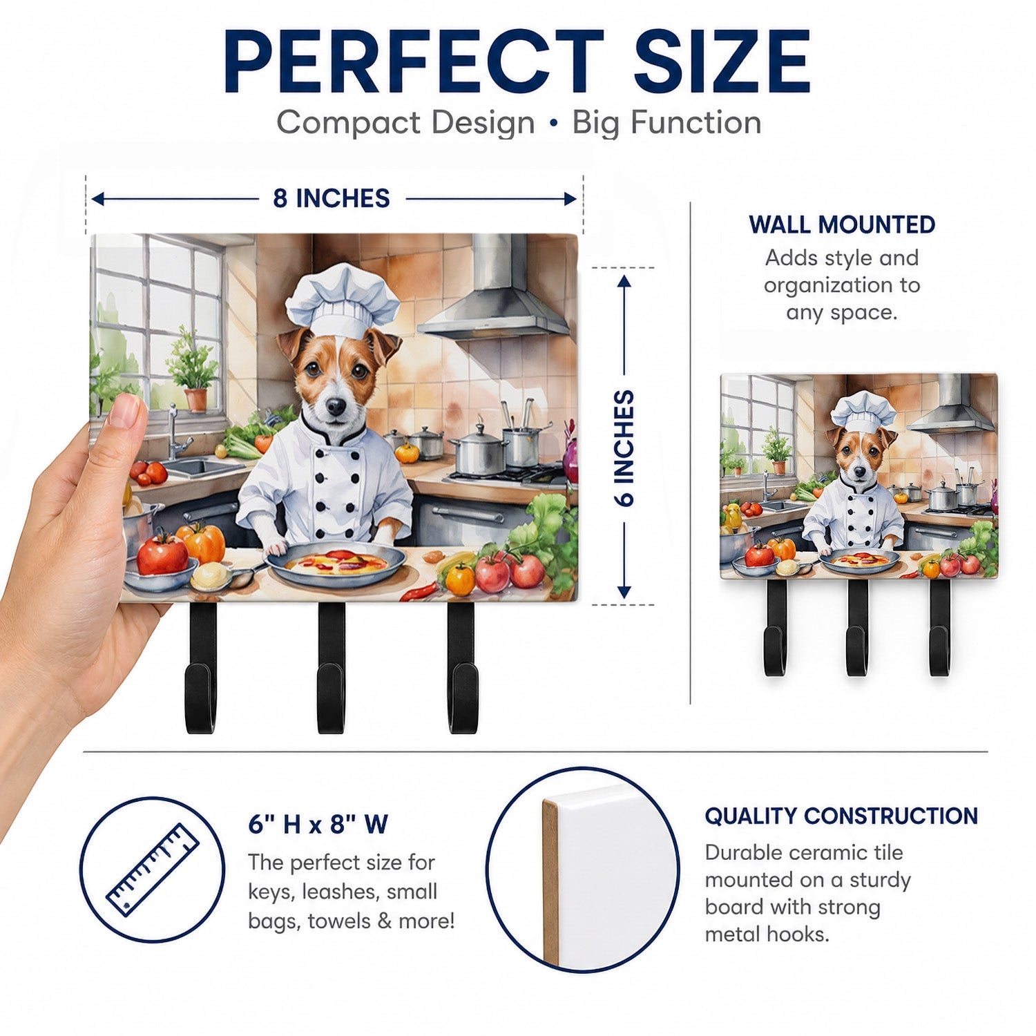 Jack Russell Terrier The Chef Leash or Key Holder Wall Hooks, Coat Rack Wall Mount, for Hanging Keys, Towels, Aprons, Leashes
