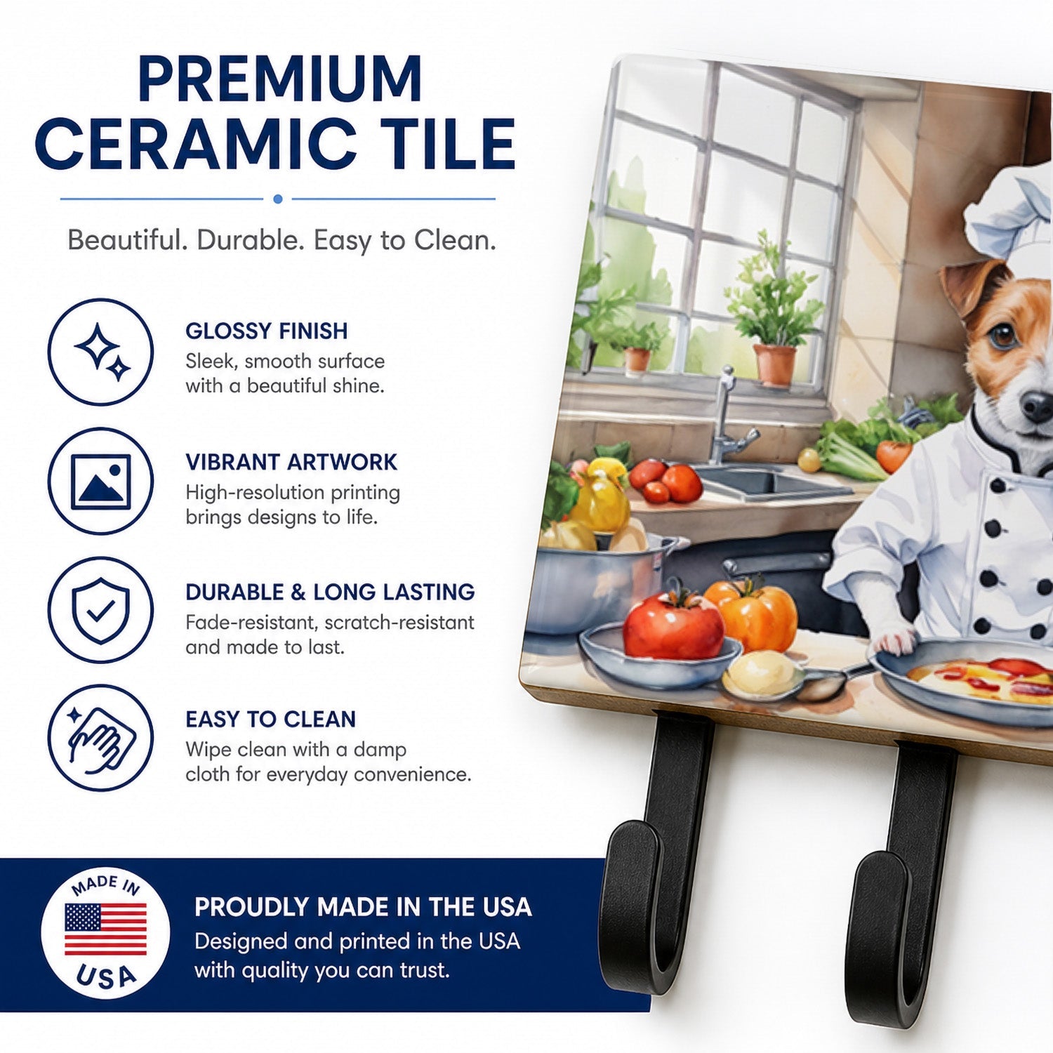 Jack Russell Terrier The Chef Leash or Key Holder Wall Hooks, Coat Rack Wall Mount, for Hanging Keys, Towels, Aprons, Leashes