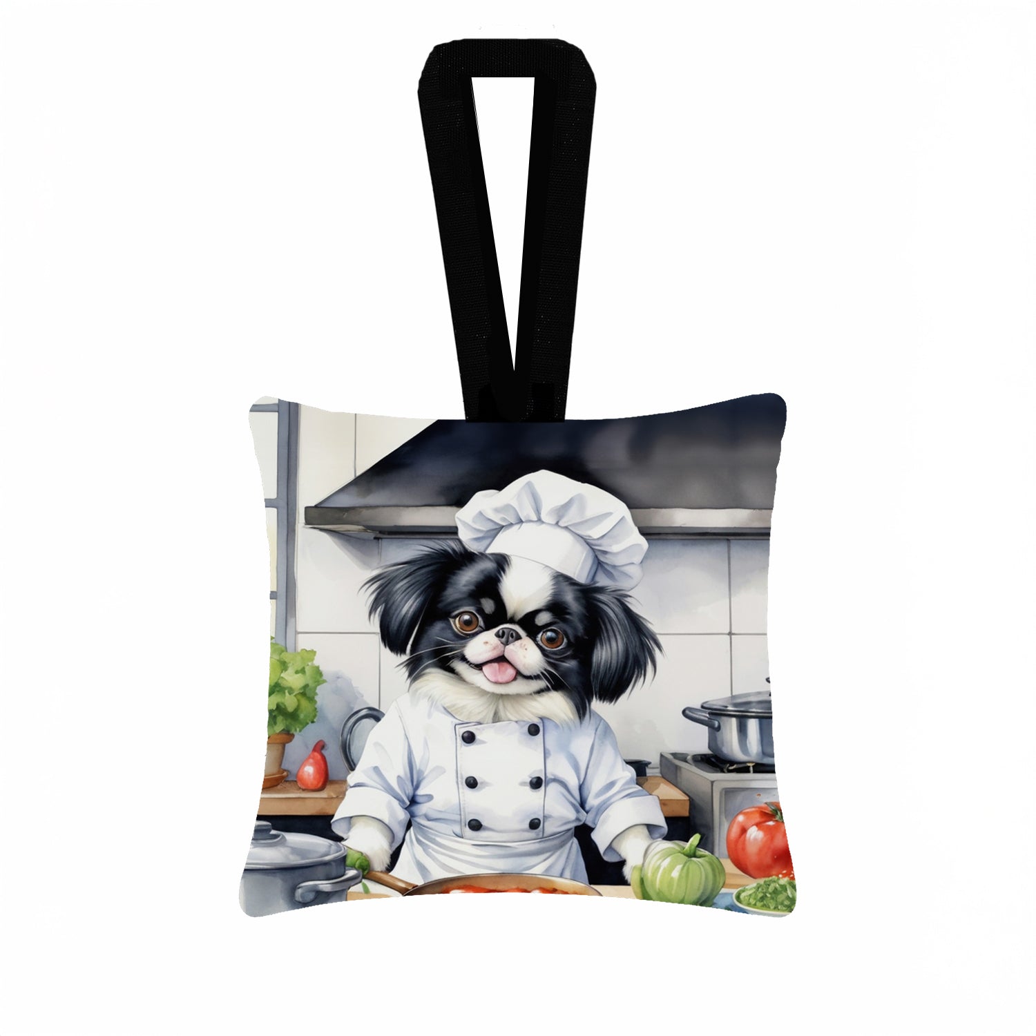 Japanese Chin The Chef Hanging Square Fabric Ornament 3.5 × 3.5 Decorative Door-Knob & Tree Hanger, Soft Fabric