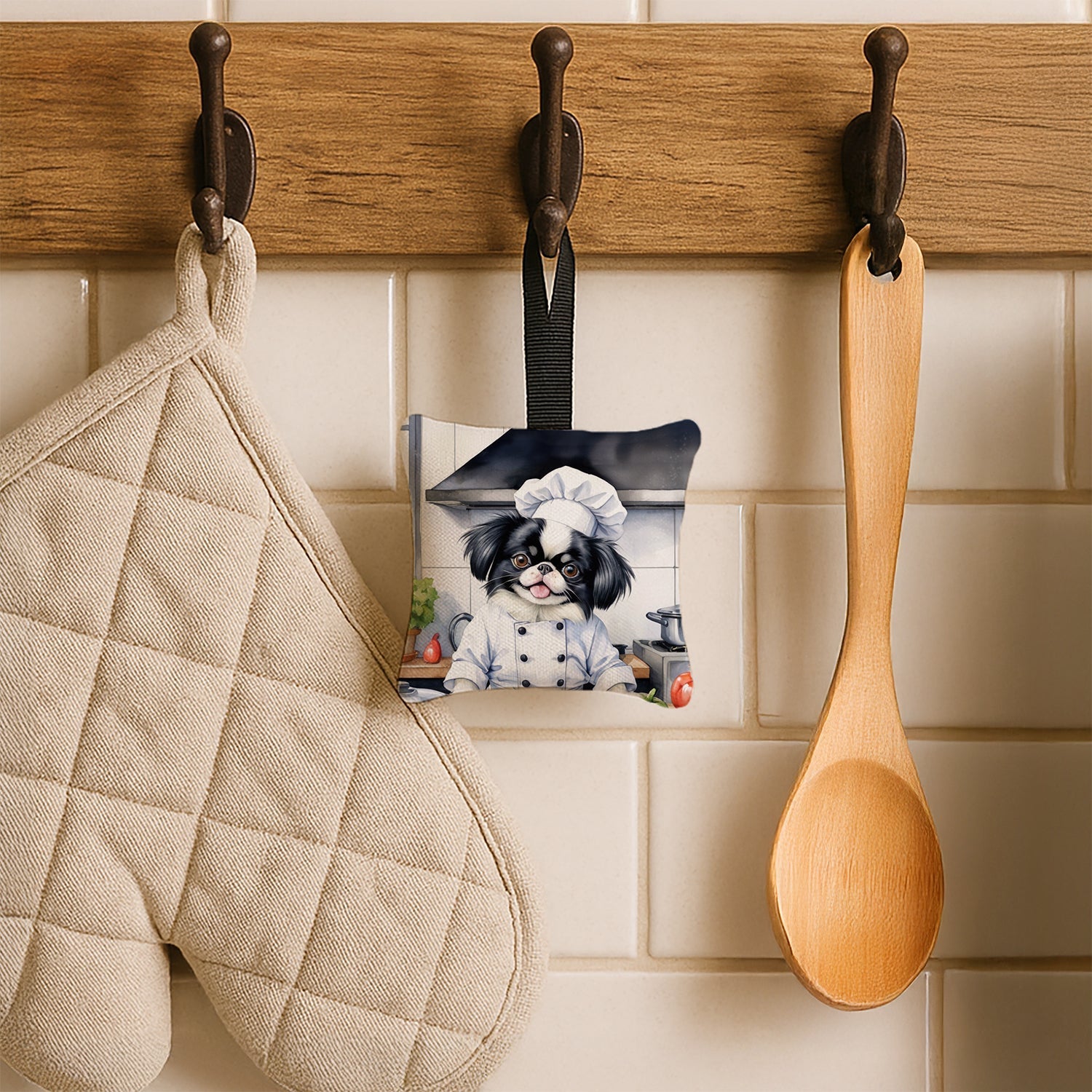 Japanese Chin The Chef Hanging Square Fabric Ornament 3.5 × 3.5 Decorative Door-Knob & Tree Hanger, Soft Fabric