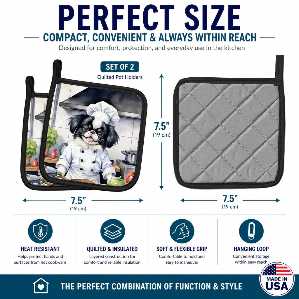 Japanese Chin The Chef Pot Holder Set of 2 Heat Resistant Quilted Hot Pads 7.5 x 7.5 Inch, Insulated Kitchen Trivets for Cooking & Baking