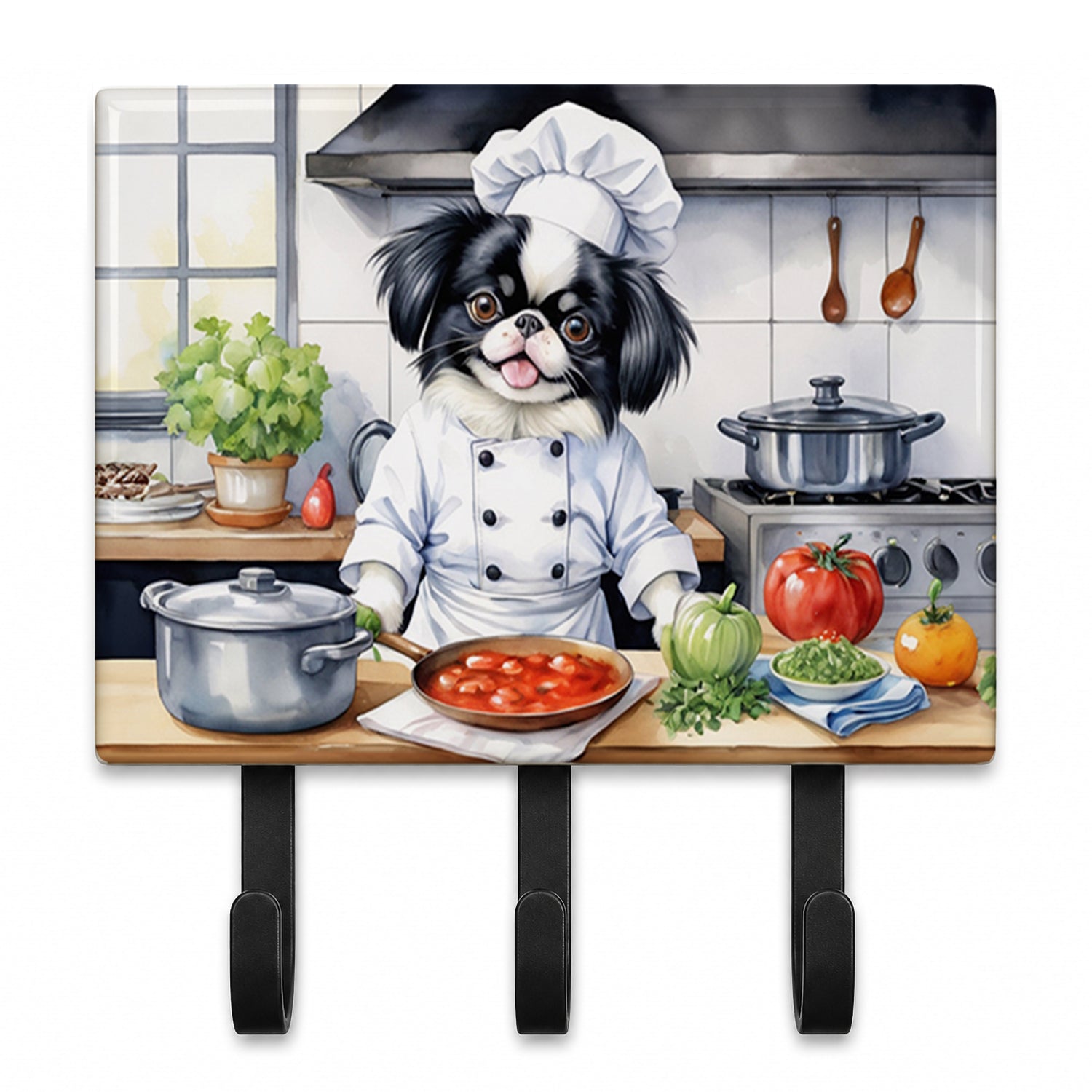 Japanese Chin The Chef Leash or Key Holder Wall Hooks, Coat Rack Wall Mount, for Hanging Keys, Towels, Aprons, Leashes