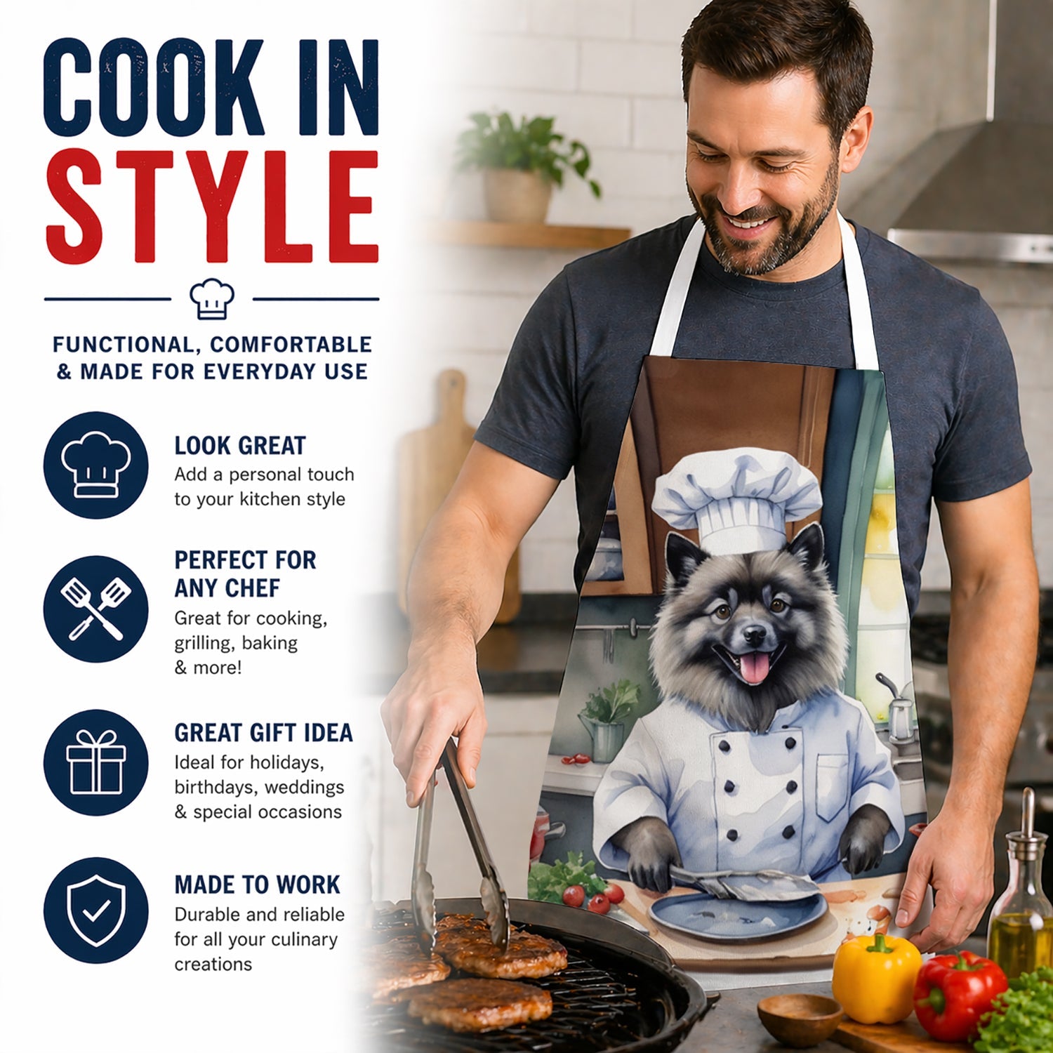 Keeshond The Chef Apron Cooking Kitchen Server Baking Crafts Gardening for Adult Women Men, Unisex, Large, Multicolor