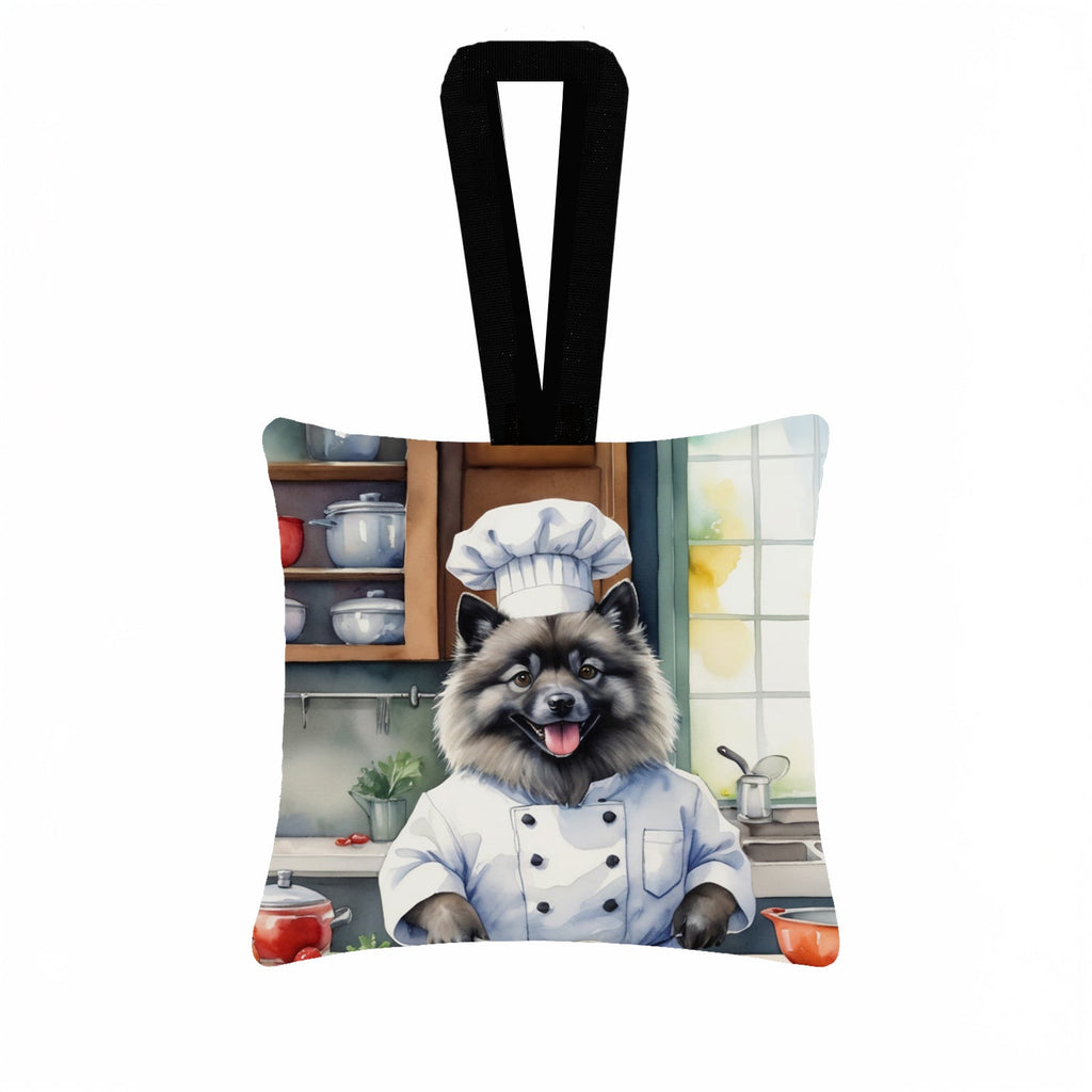 Keeshond The Chef Hanging Square Fabric Ornament 3.5 × 3.5 Decorative Door-Knob & Tree Hanger, Soft Fabric
