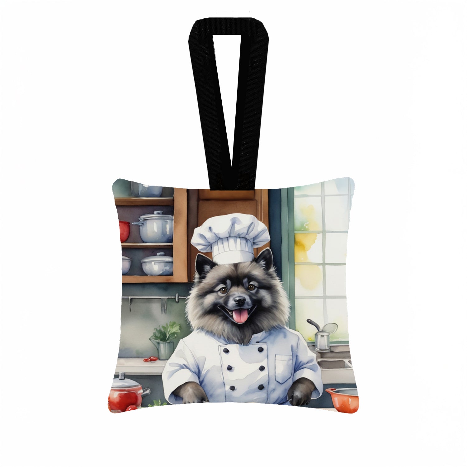 Keeshond The Chef Hanging Square Fabric Ornament 3.5 × 3.5 Decorative Door-Knob & Tree Hanger, Soft Fabric