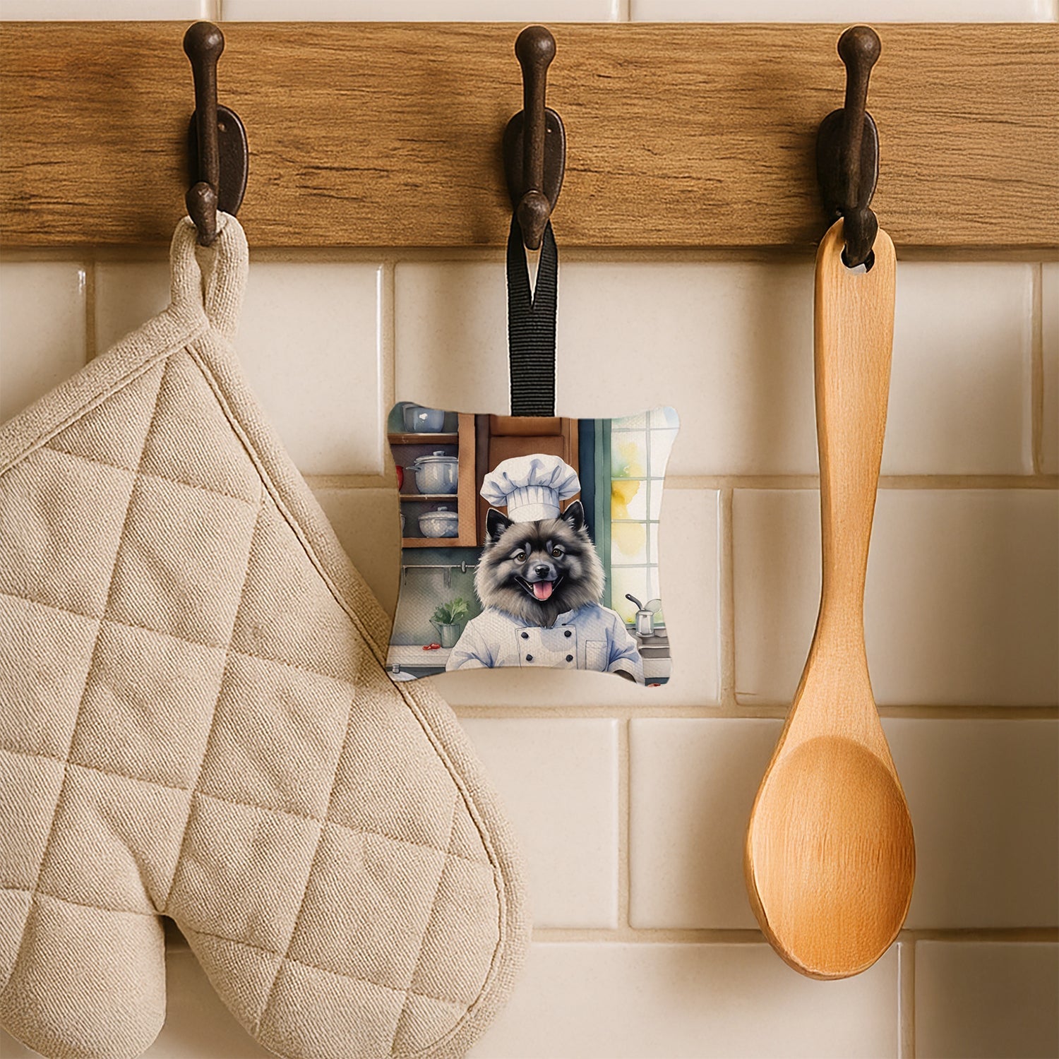 Keeshond The Chef Hanging Square Fabric Ornament 3.5 × 3.5 Decorative Door-Knob & Tree Hanger, Soft Fabric