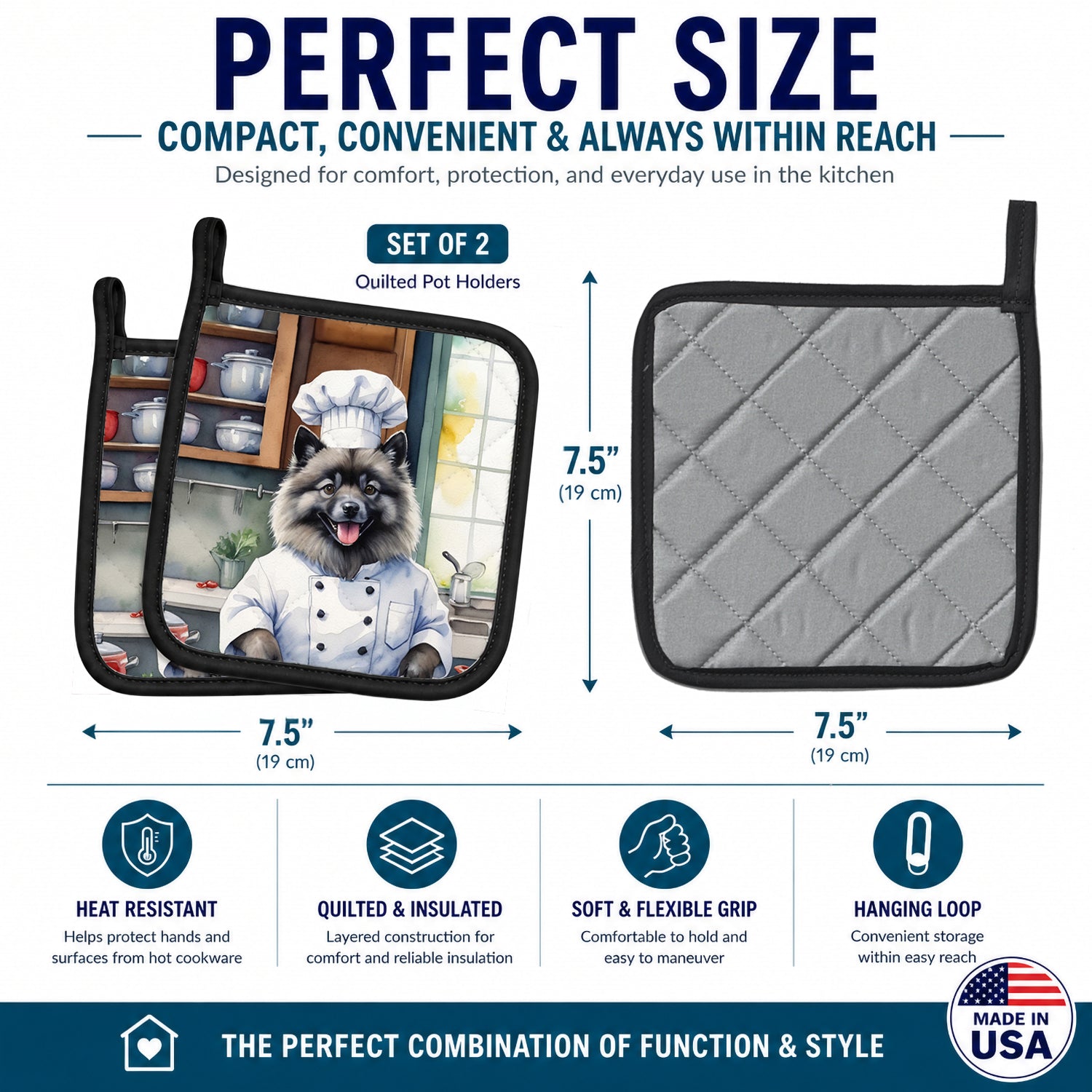 Keeshond The Chef Pot Holder Set of 2 Heat Resistant Quilted Hot Pads 7.5 x 7.5 Inch, Insulated Kitchen Trivets for Cooking & Baking