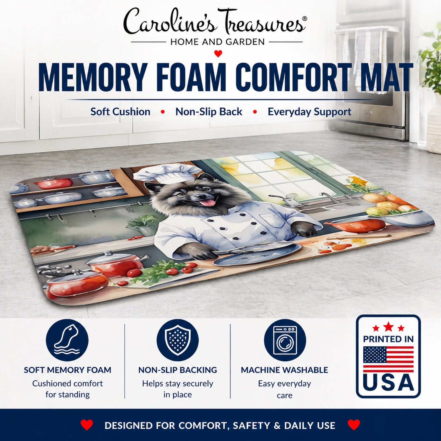 Keeshond The Chef Memory Foam Kitchen Mat Machine Washable Anti-Fatigue Cushion Comfort Bath or Kitchen Rug