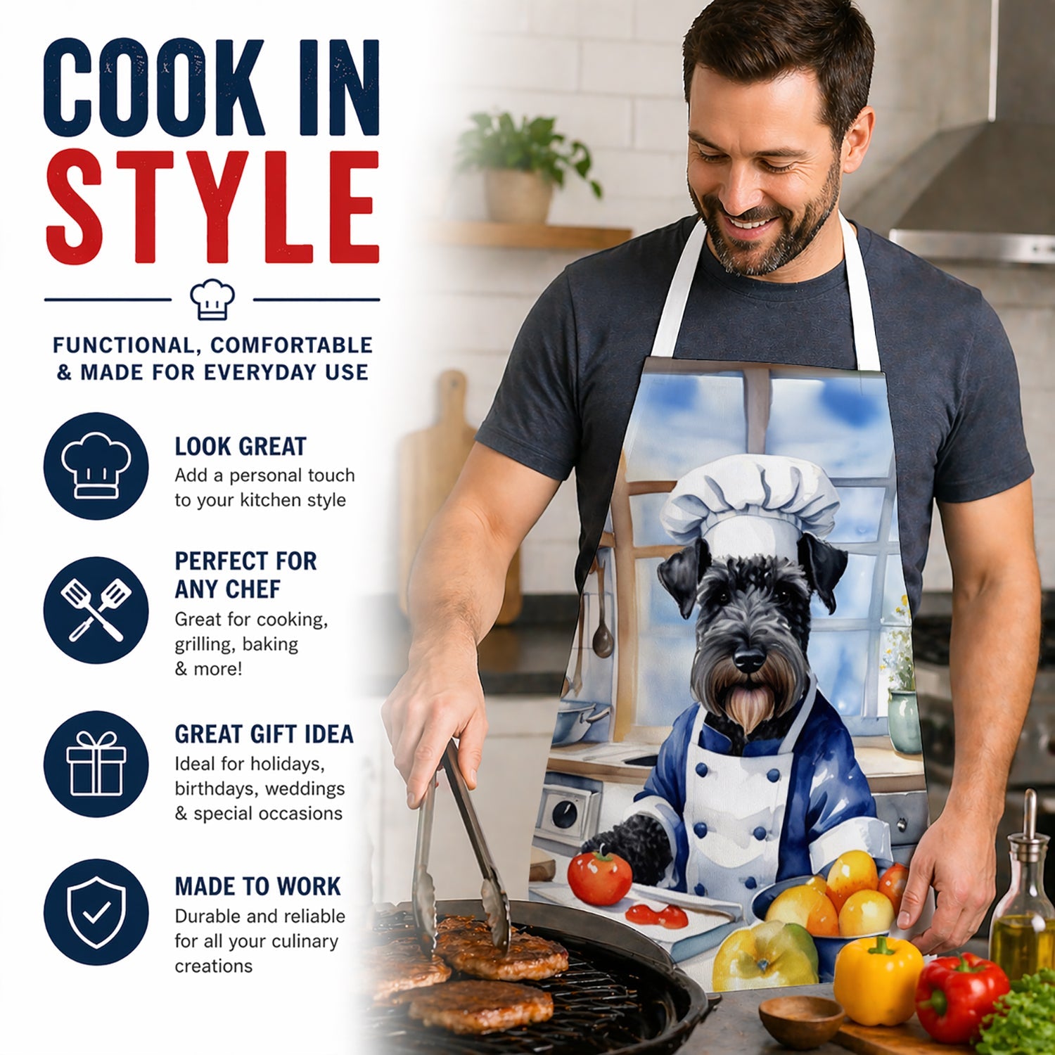 Kerry Blue Terrier The Chef Apron Cooking Kitchen Server Baking Crafts Gardening for Adult Women Men, Unisex, Large, Multicolor