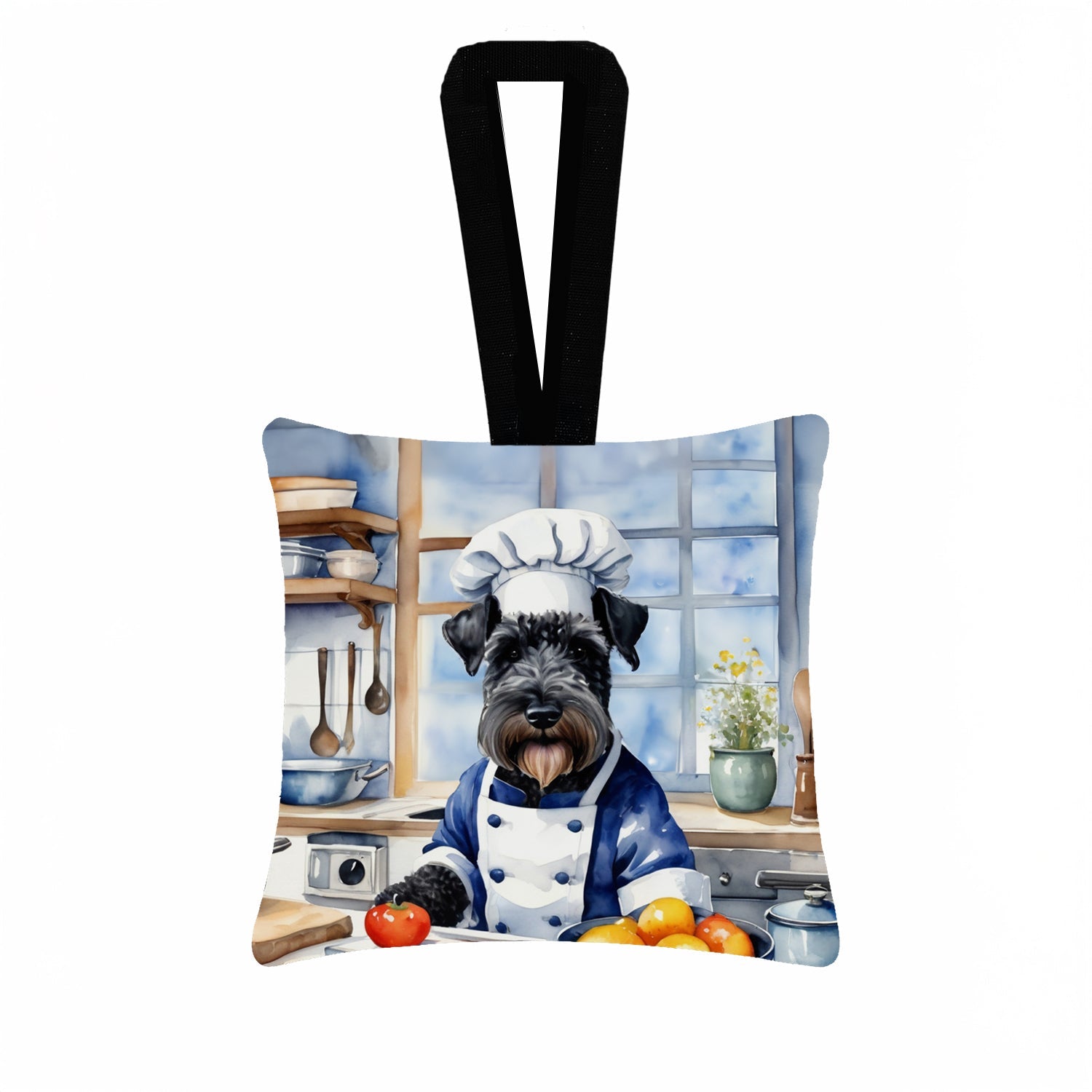 Kerry Blue Terrier The Chef Hanging Square Fabric Ornament 3.5 × 3.5 Decorative Door-Knob & Tree Hanger, Soft Fabric