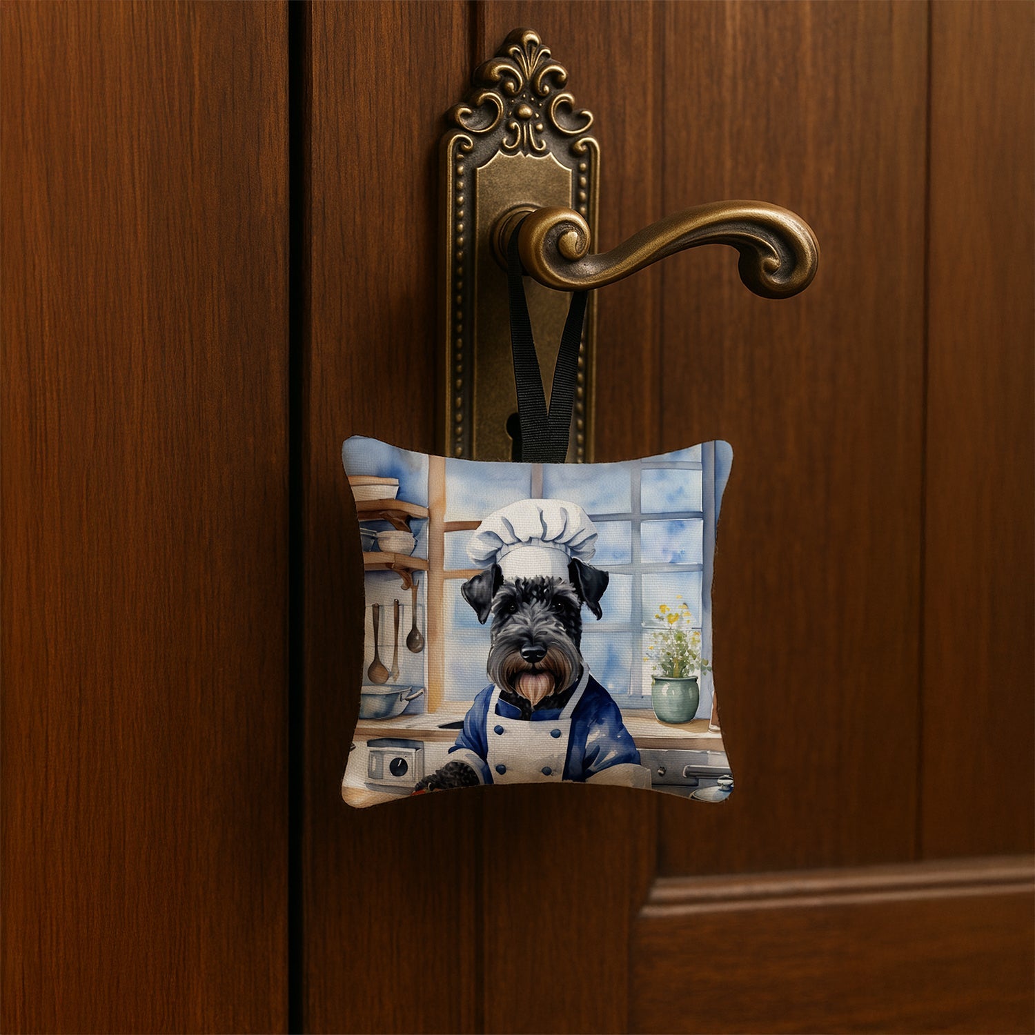 Kerry Blue Terrier The Chef Hanging Square Fabric Ornament 3.5 × 3.5 Decorative Door-Knob & Tree Hanger, Soft Fabric