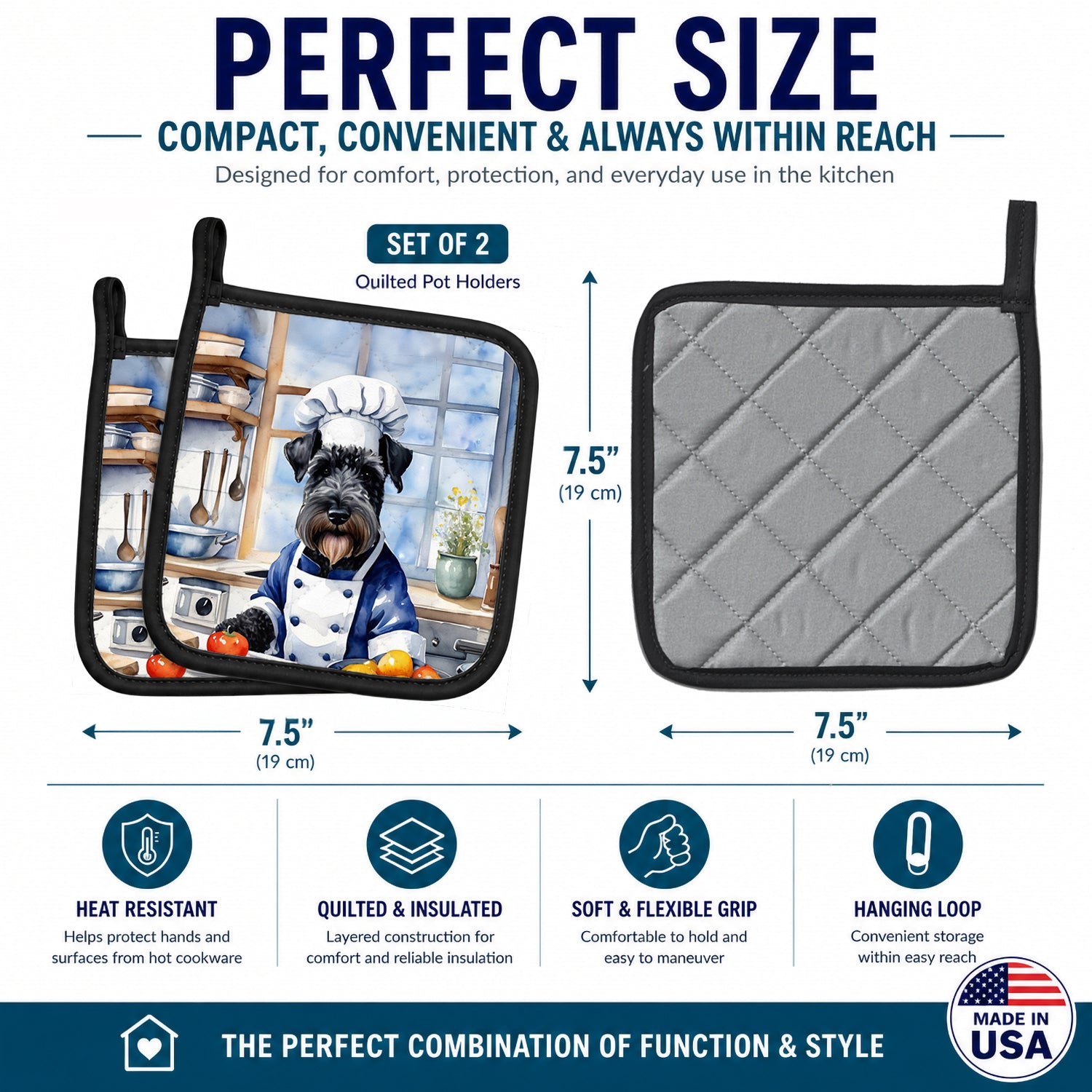 Kerry Blue Terrier The Chef Pot Holder Set of 2 Heat Resistant Quilted Hot Pads 7.5 x 7.5 Inch, Insulated Kitchen Trivets for Cooking & Baking