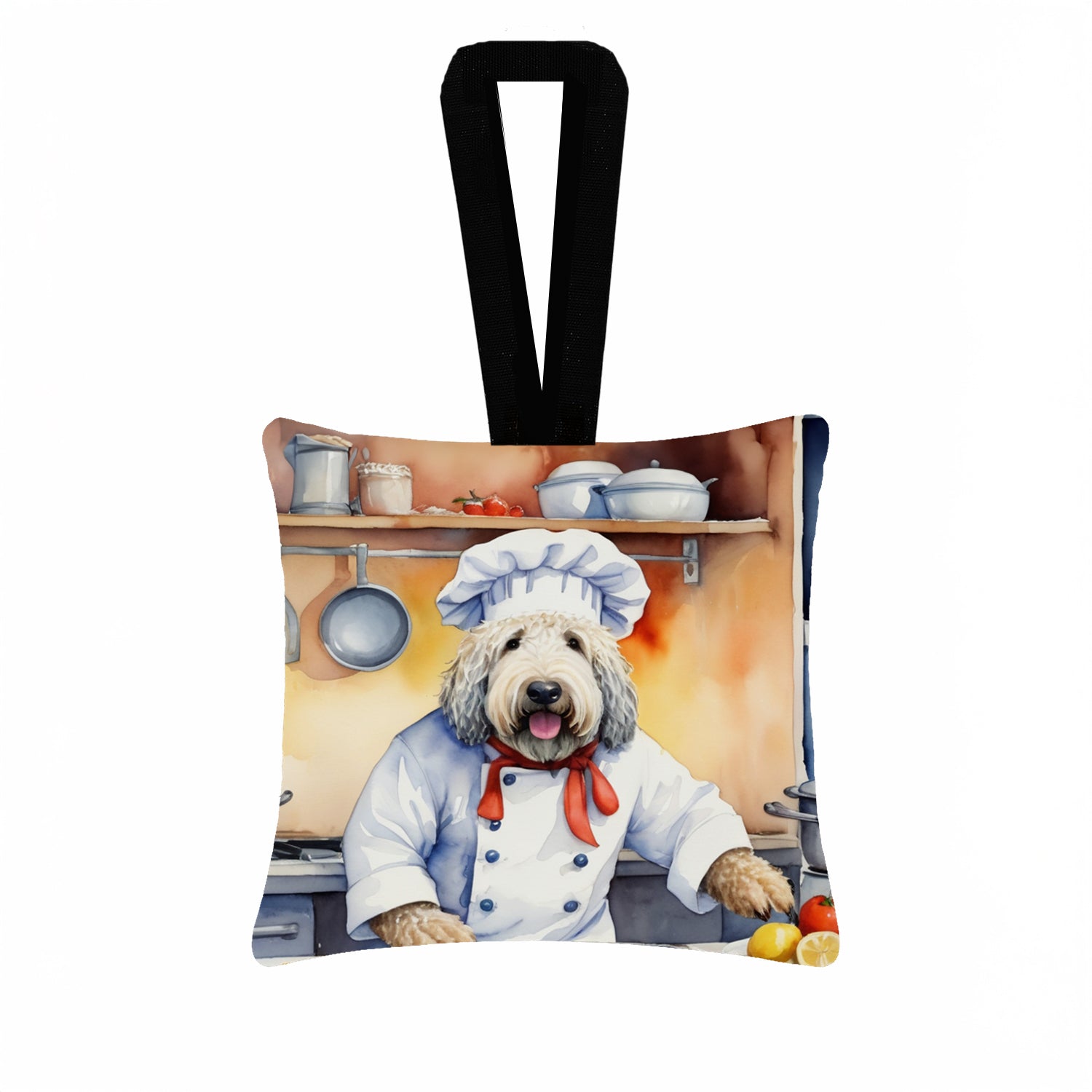 Komondor The Chef Hanging Square Fabric Ornament 3.5 × 3.5 Decorative Door-Knob & Tree Hanger, Soft Fabric